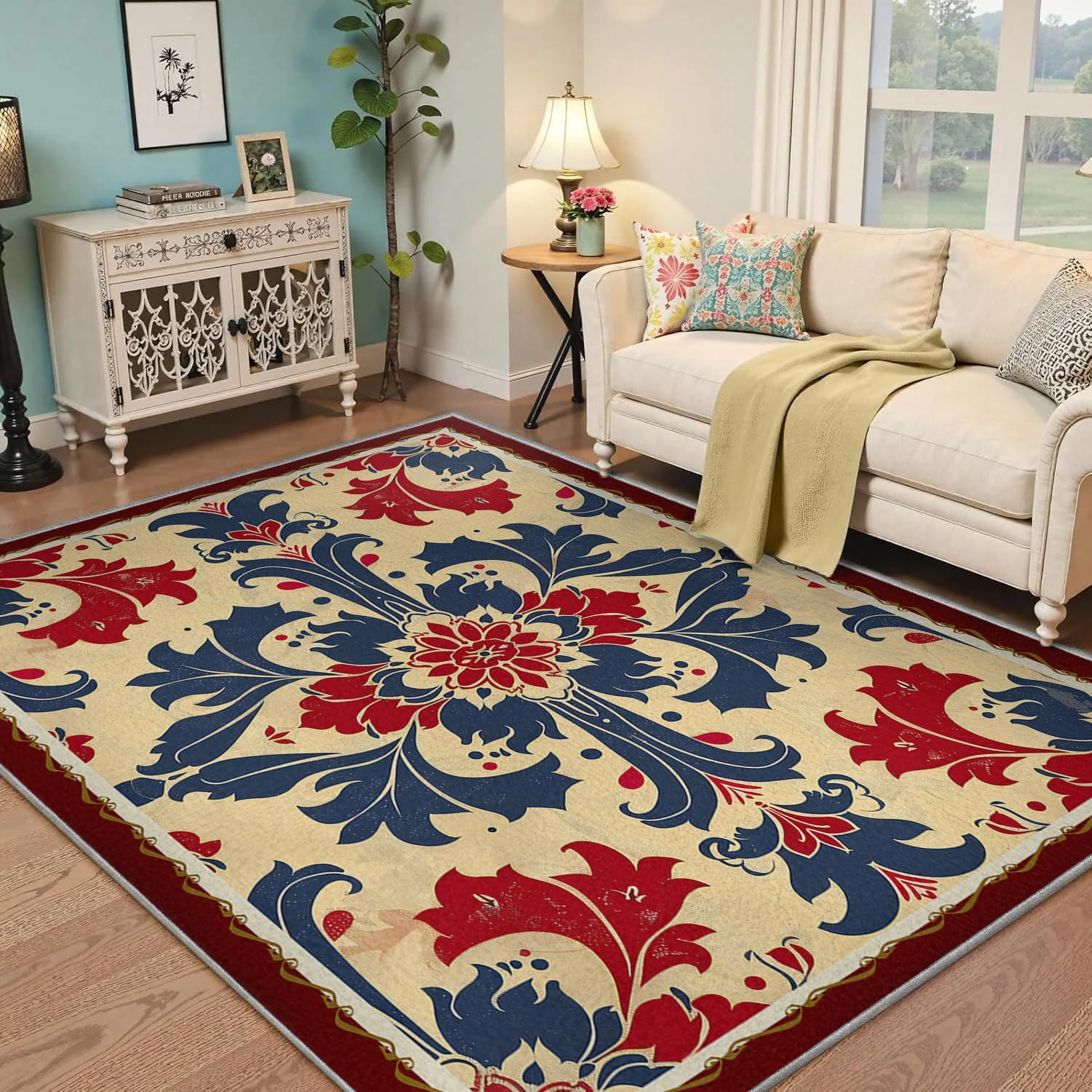 Tapis Baroque Vintage Rouge et Bleu 200x300cm | Carpette Pliable et Douillette pour Salon
