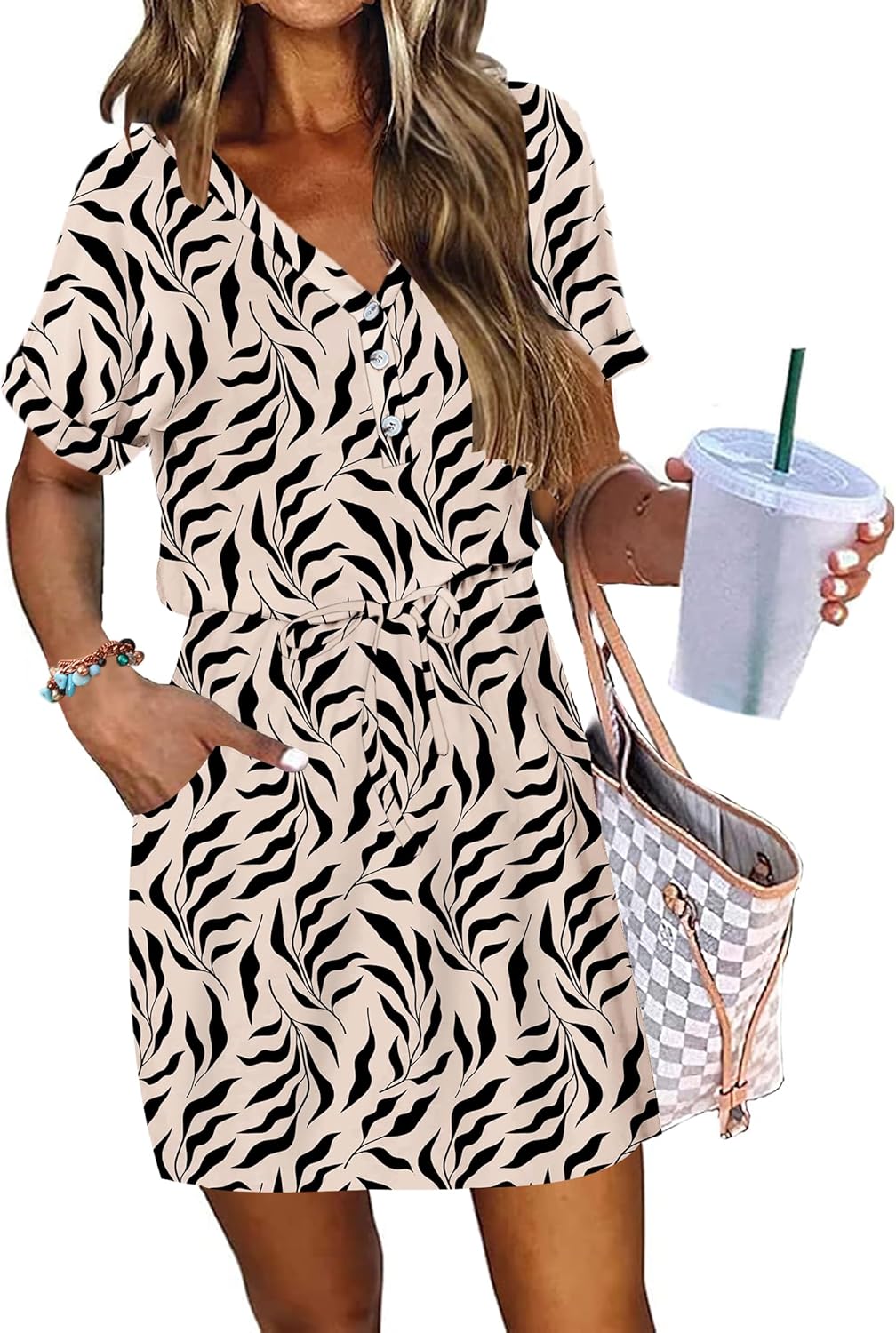 AUSELILY Womens Summer Dress 2026 Casual Short Sleeve Sundress V Neck Tie Button Beach Swing Dresses with Pockets - Image 2