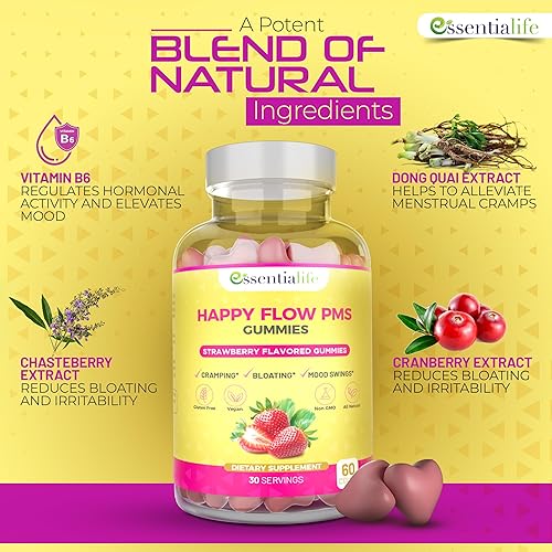 Miniatura 2 de Gomitas PMS - Suplemento de apoyo para el síndrome premenstrual Happy Flow para mujeres, suplemento de alivio del síndrome premenstrual de fresa con
