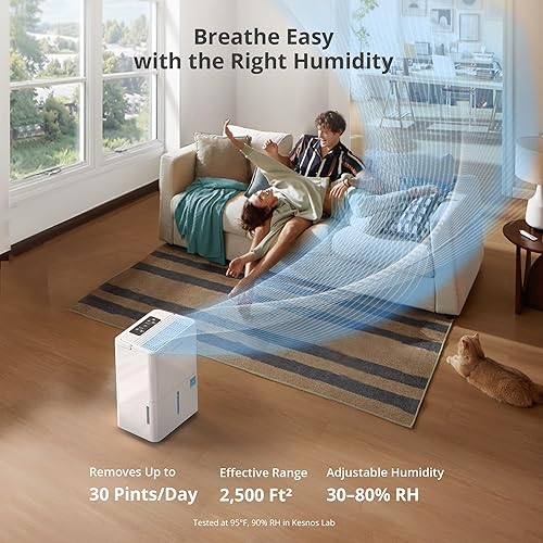 Miniatura 2 de Kesnos Deshumidificador Energy Star 2025 de 30 pintas para espacios de hasta 2500 pies cuadrados, deshumidificador silencioso para el hogar,