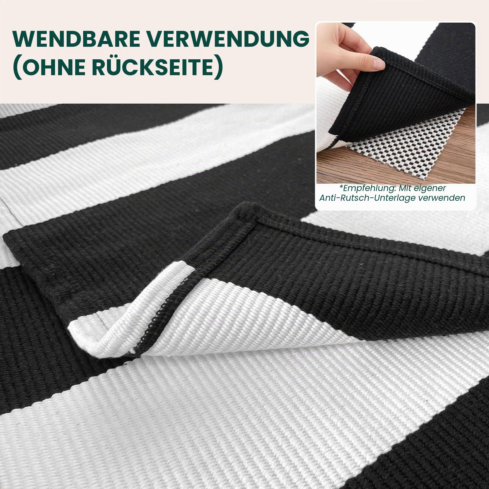 Schwarz und Weiß gestreifter Teppich, 122 x 182 cm, Baumwolle, gewebt, waschbar, Retro-Gitter-Streifen, Outdoor-Teppich, für Bauernhaus, Wohnzimmer, Esszimmer, Schlafzimmer