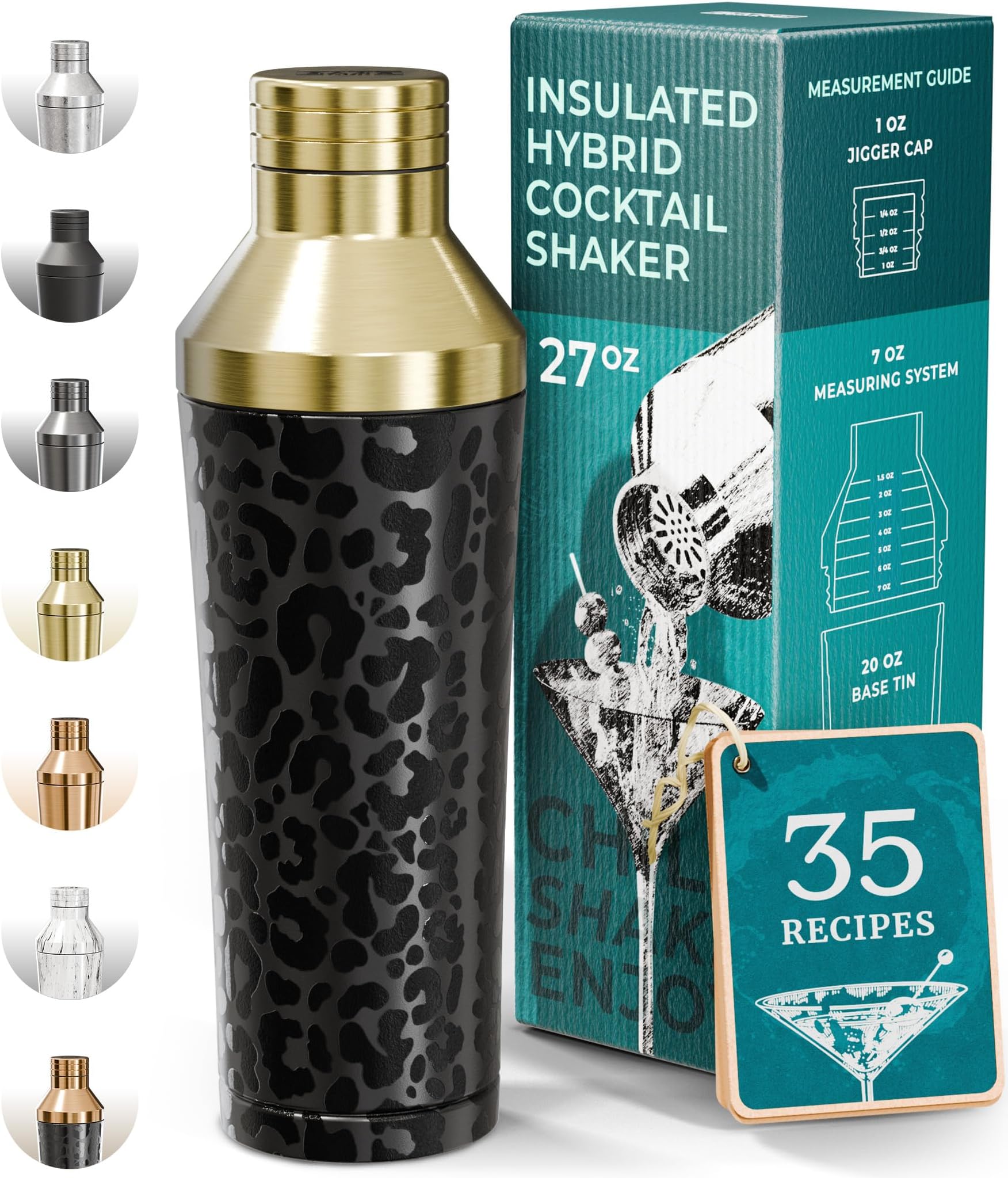 BARE BARREL Insulated Cocktail Shaker Set | Double Wall Stainless Steel | Martini Shaker for Home Bar Bartending | Built-in Drink Measure System & Strainer, Travel Bag, Recipes | Gift Set (Leo Gold)