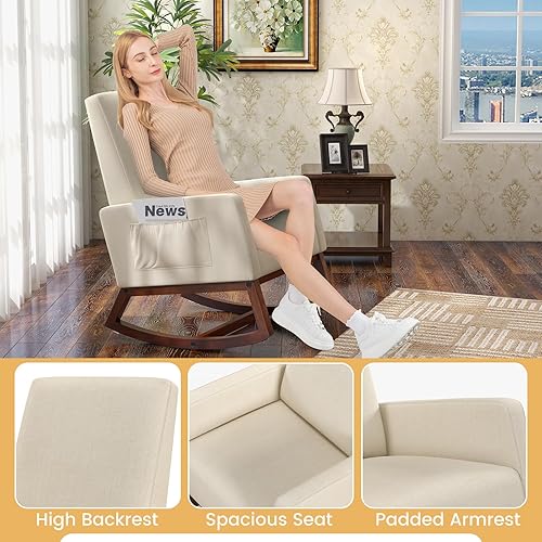 Miniatura 7 de KOMFOTT Mecedora tapizada, para sala de estar, ocio, con marco de madera de goma, sillón decorativo con respaldo alto y bolsillo de almacenamiento,