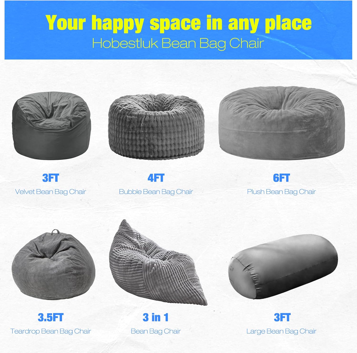 Hobestluk 3FT Bean Bag Chair Large Beanbag with Removable Cover Adult Bean Bag Chair with Portable Handle Desgin for Living Room Bedroom (Grey, 3FT) - Image 7