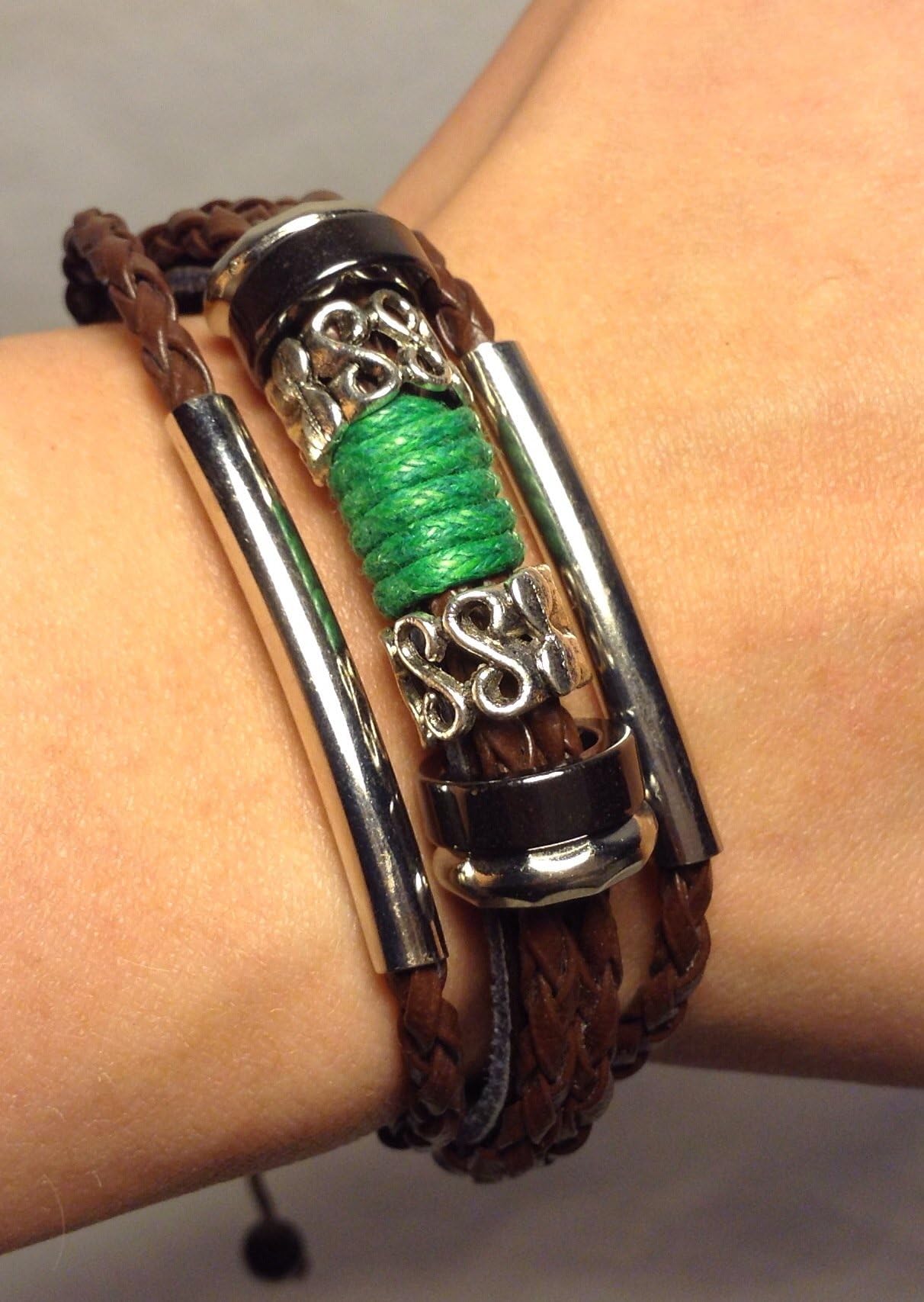 Modern Owls Adjustable Brown Braided Leather Bracelet With Silver Rods And Silver Tribal Charms and Rings