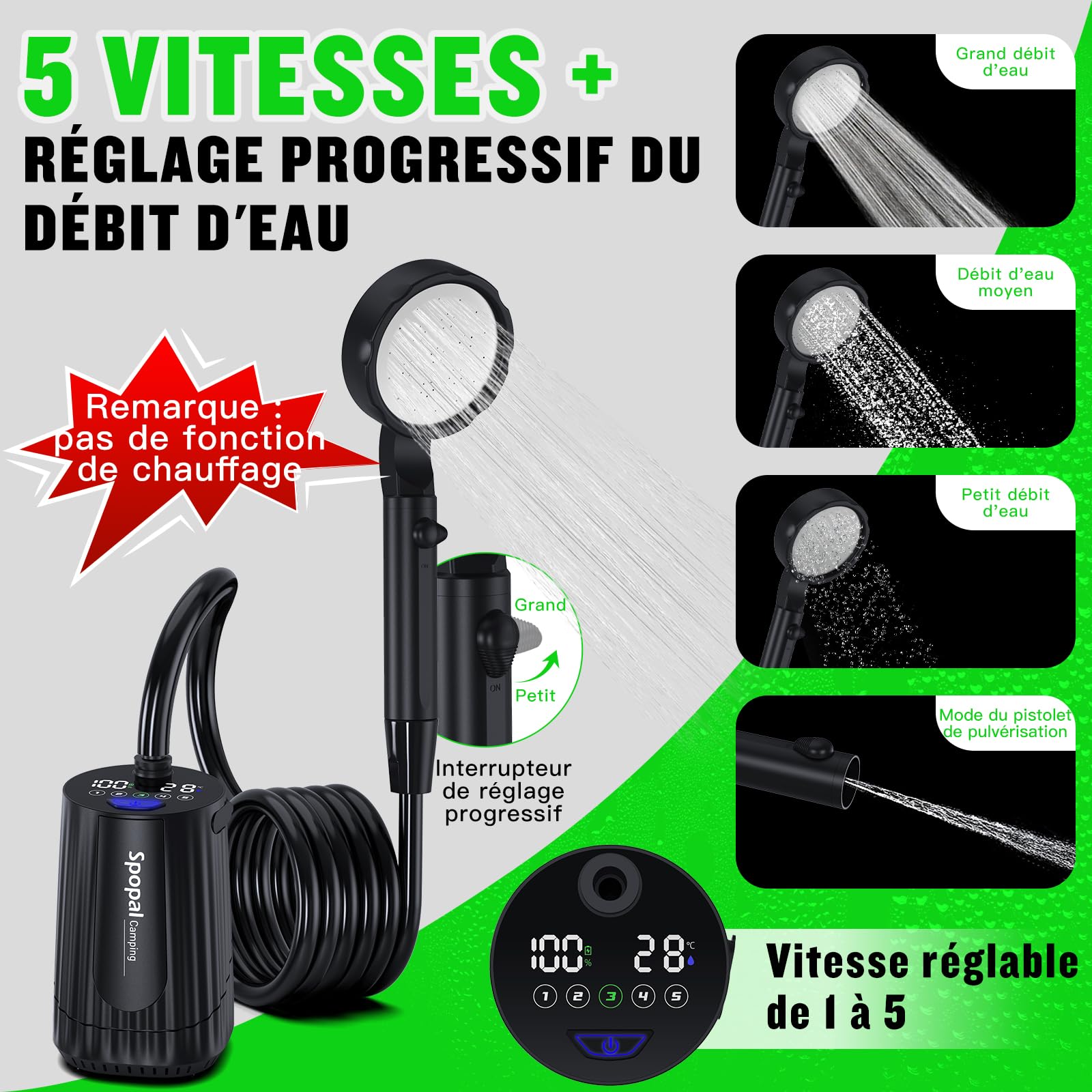 Spopal Douche Portable, Kit Douche de Camping,10000mAh,Douche Camping, Rechargeable, avec Afficheur Intelligent et 5 Vitesses Réglables pour Extérieure,Camping,Voyage,Animaux