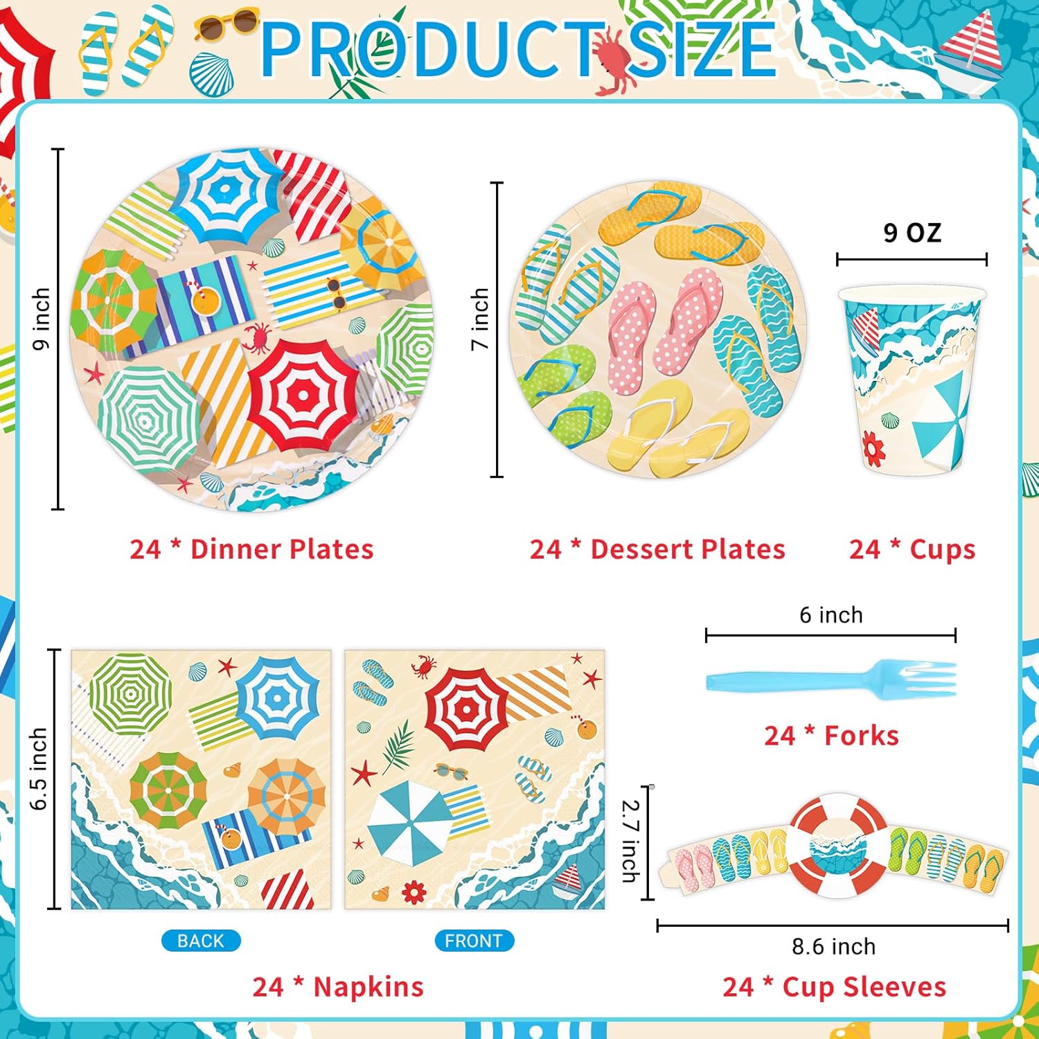 DYLIVeS Summer Beach Party Decorations, Hawaiian Beach Pool Umbrella Flip Flops Paper Plates Napkins Cups, Cup Sleeves, Forks Set Summer Birthday Party Favors Luau Tropical Party Supplies, Serve 24