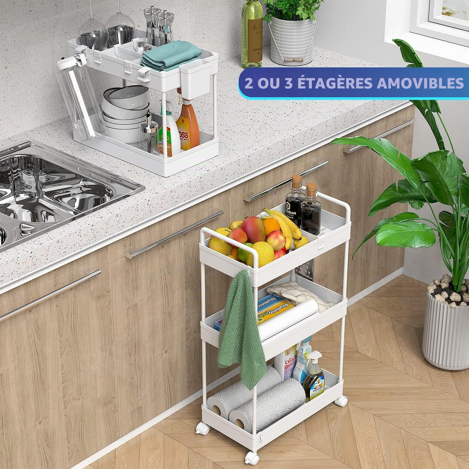 Ronlap Chariot de Rangement Fin à 3 Niveaux avec poignée de Suspension et séparateurs pour Bureau, Salle de Bain, Cuisine, buanderie, espaces étroits, Blanc