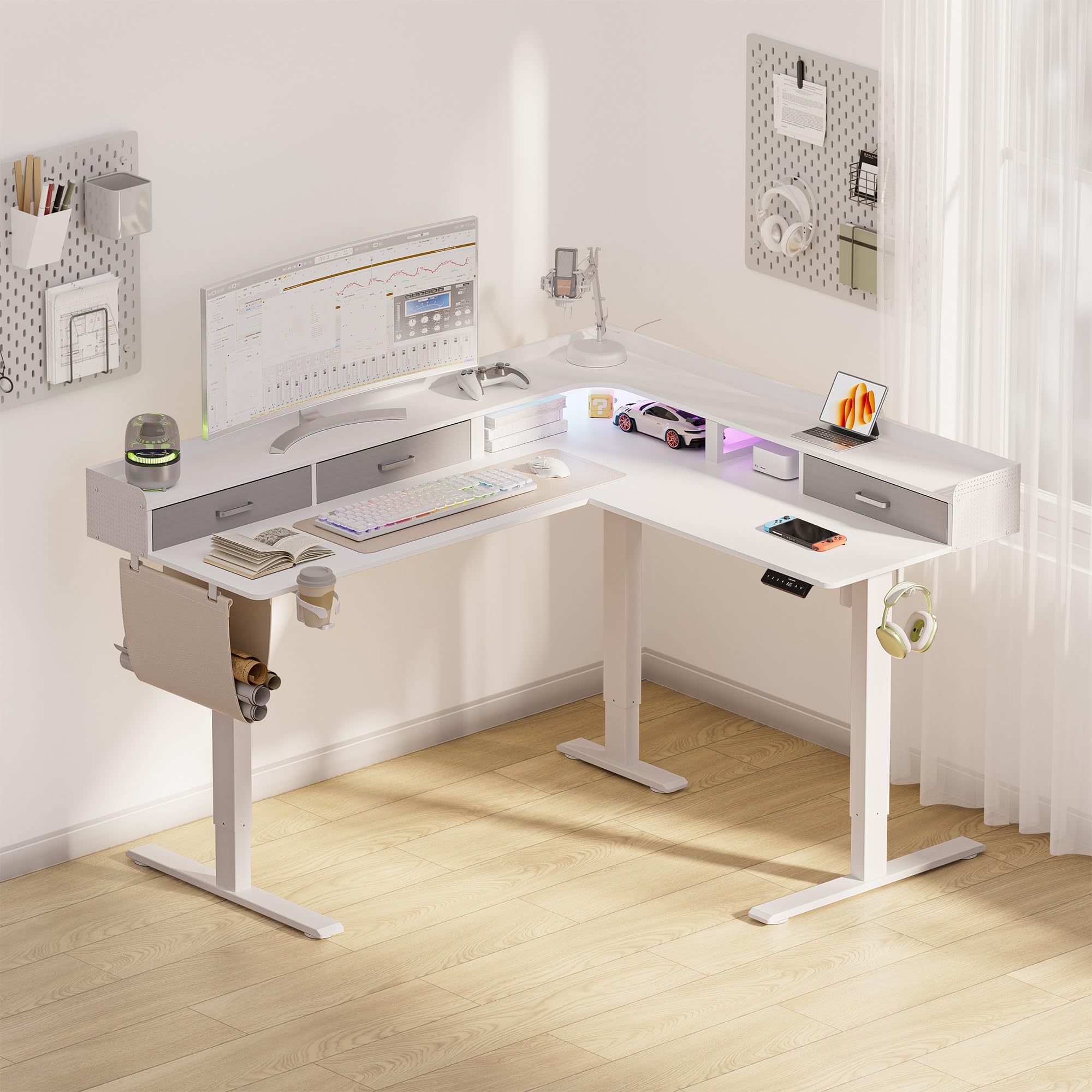 WALKINGDESK Scrivania elettrica regolabile in altezza, a forma di L, 160 x 140 cm, scrivania angolare regolabile in altezza con 3 cassetti, scrivania per computer, per ufficio, ufficio, gamer, bianco