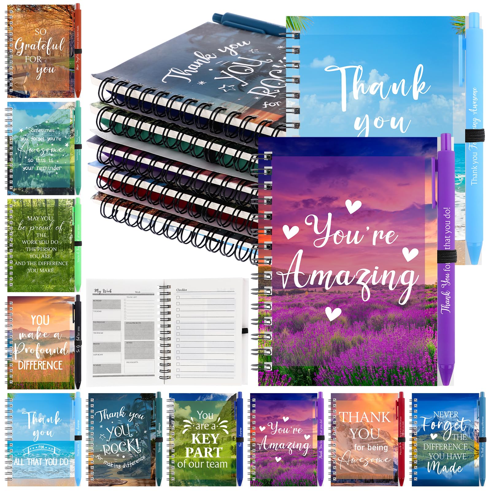 10 Set Thank You Pens and Notebooks Appreciation Gifts Bulk 10 Inspirational Notebooks Small Pocket Journal 10 Motivational Pens Thank You Pen for Staff for Coworker Women Men (Landscape Color) โ image 1