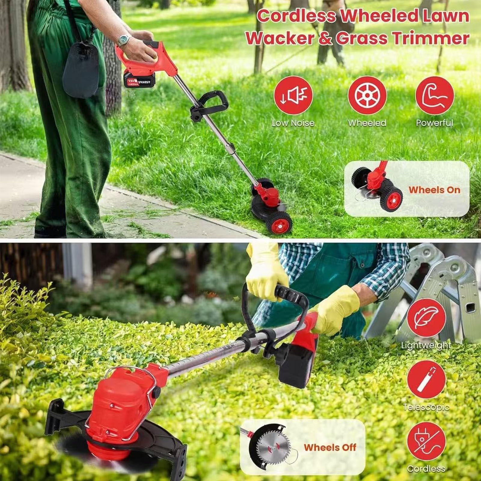 Decespugliatore elettrico senza fili, leggero, con ruote, lame in metallo, include 2 batterie per bordatura e diserbo, ideale per la manutenzione del giardino
