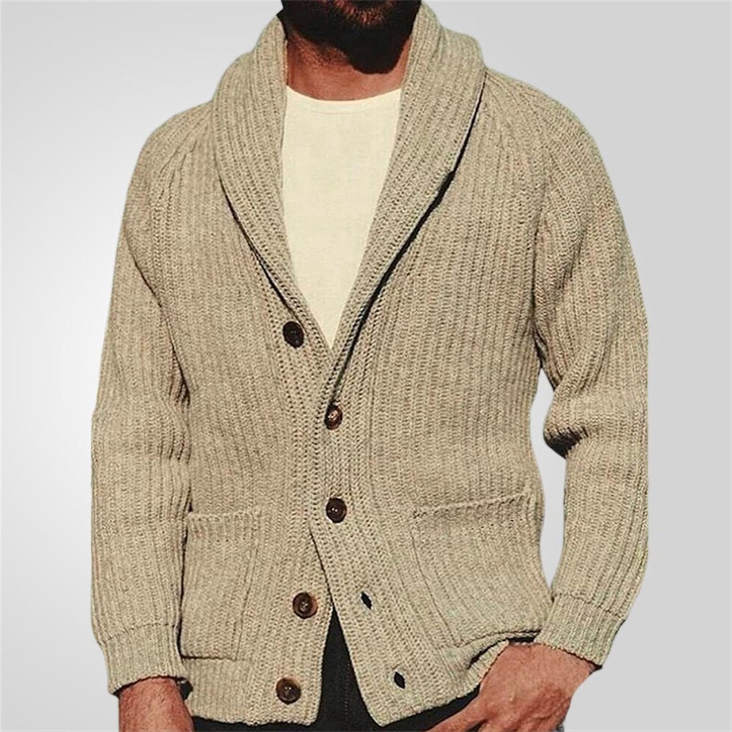 Mens Shawl Collar Cardigan Sweaters Vintage Button Down Open Front Knitwear Cable Knitted Ribbed Jackets Outwear