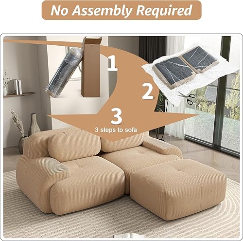 Miniatura 9 de Sofá biplaza moderno de 80 pulgadas para sala de estar, sofá modular de pana con asiento profundo, sofá biplaza camello con 1 otomana, sofás para