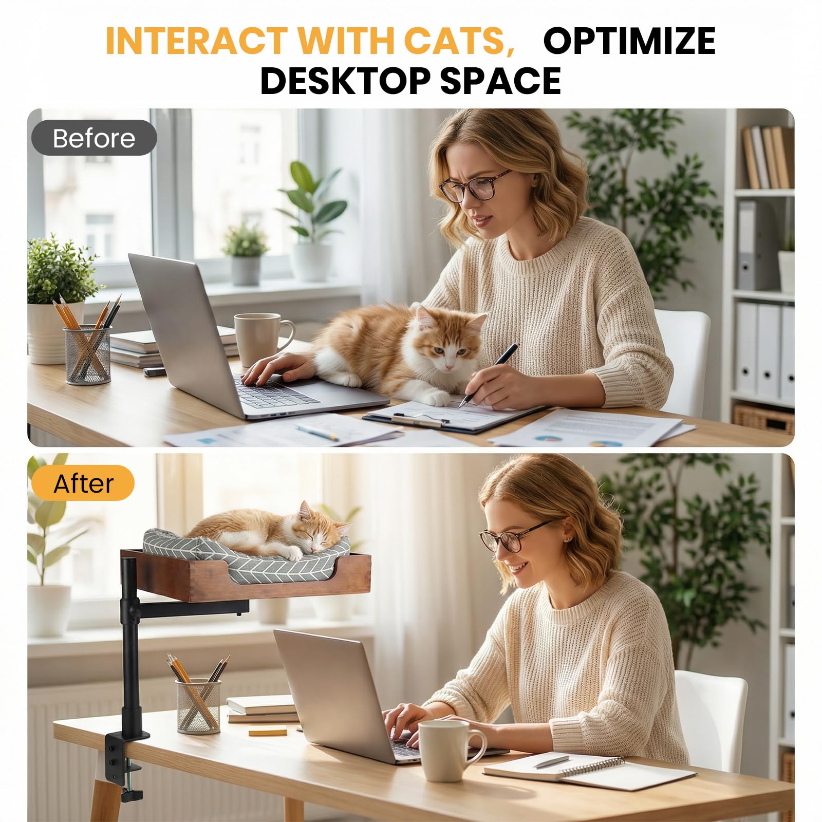 Scrivania-letto per gatti con elegante base in bambù e morbida imbottitura. Morsetto stabile e robusto per regolare l'altezza e rotazione a 360°. Portata massima: fino a 15 kg (Tappetino grigio)