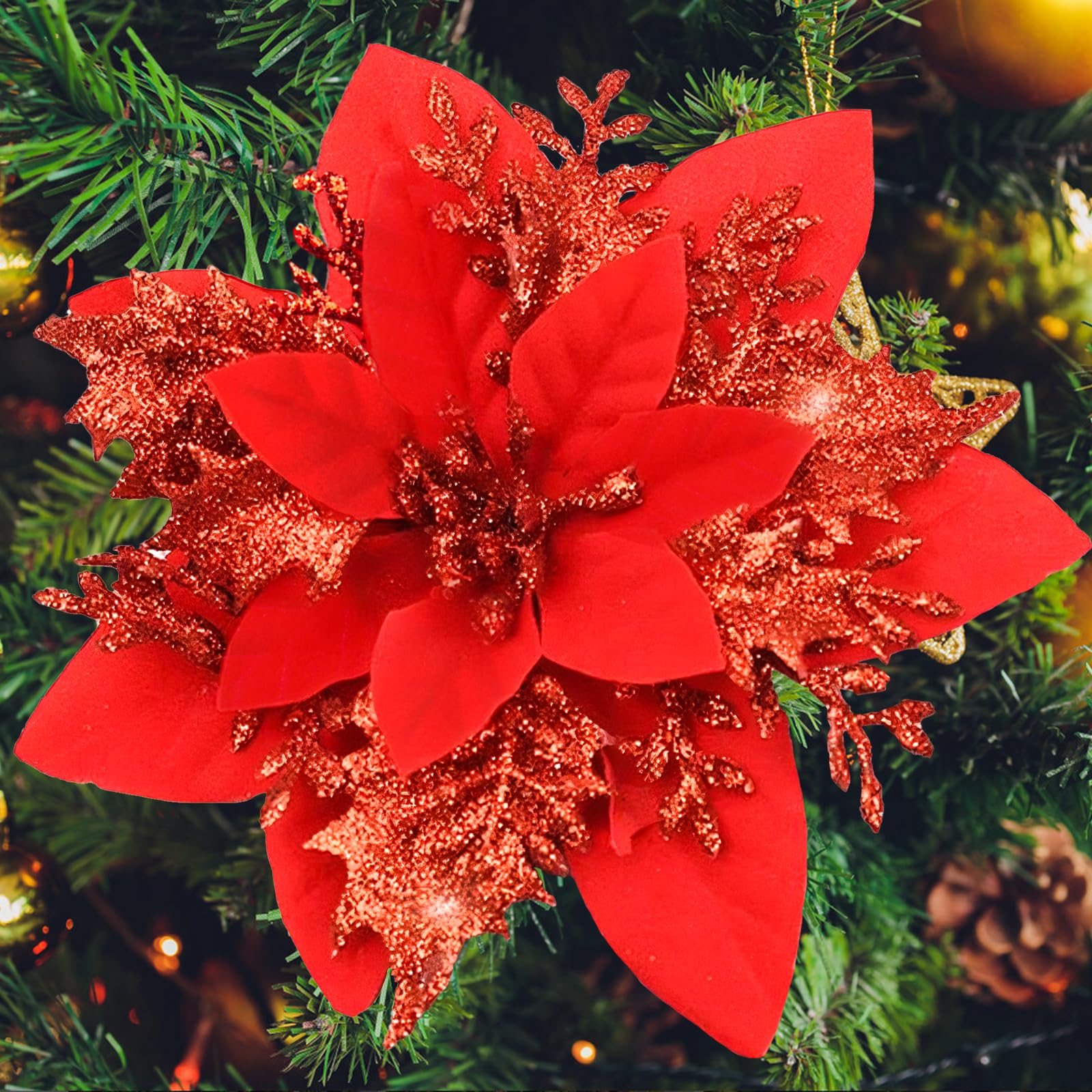 SPORTYOUTH 30 Pcs Red Poinsettia Artificial Christmas Flowers with Clips Stems, 5.5" Xmas Tree Decoration Ornaments Glitter Poinsettias Flower for Wreath Garland New Year Holiday Wedding Home Party