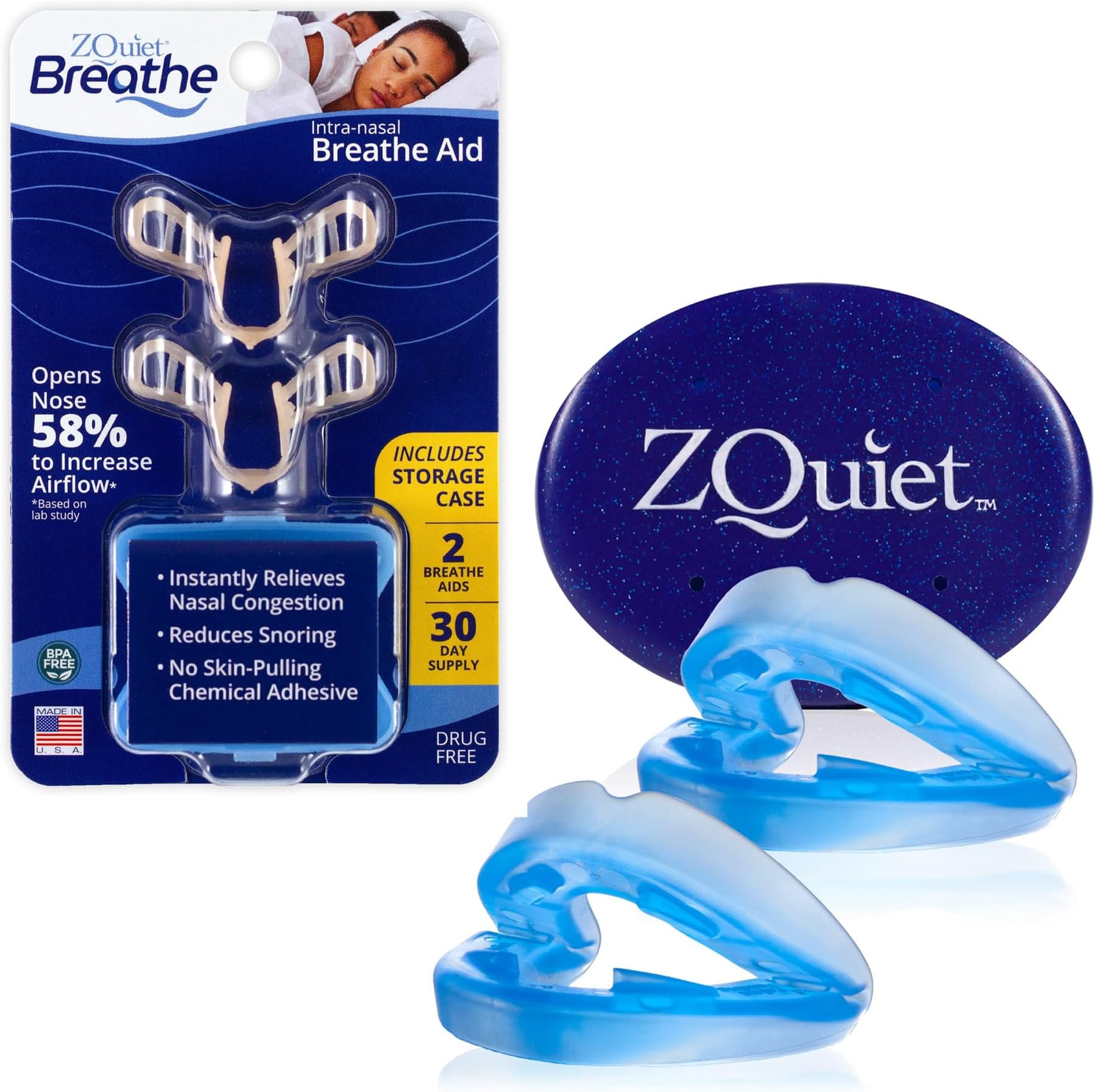 - ZQuiet Anti-Snoring Mouthpiece Solution, 2 Size Comfort System Starter Kit + Nasal Dilator (2 Pack / 30 Day Supply) - Made in USA & FDA Cleared