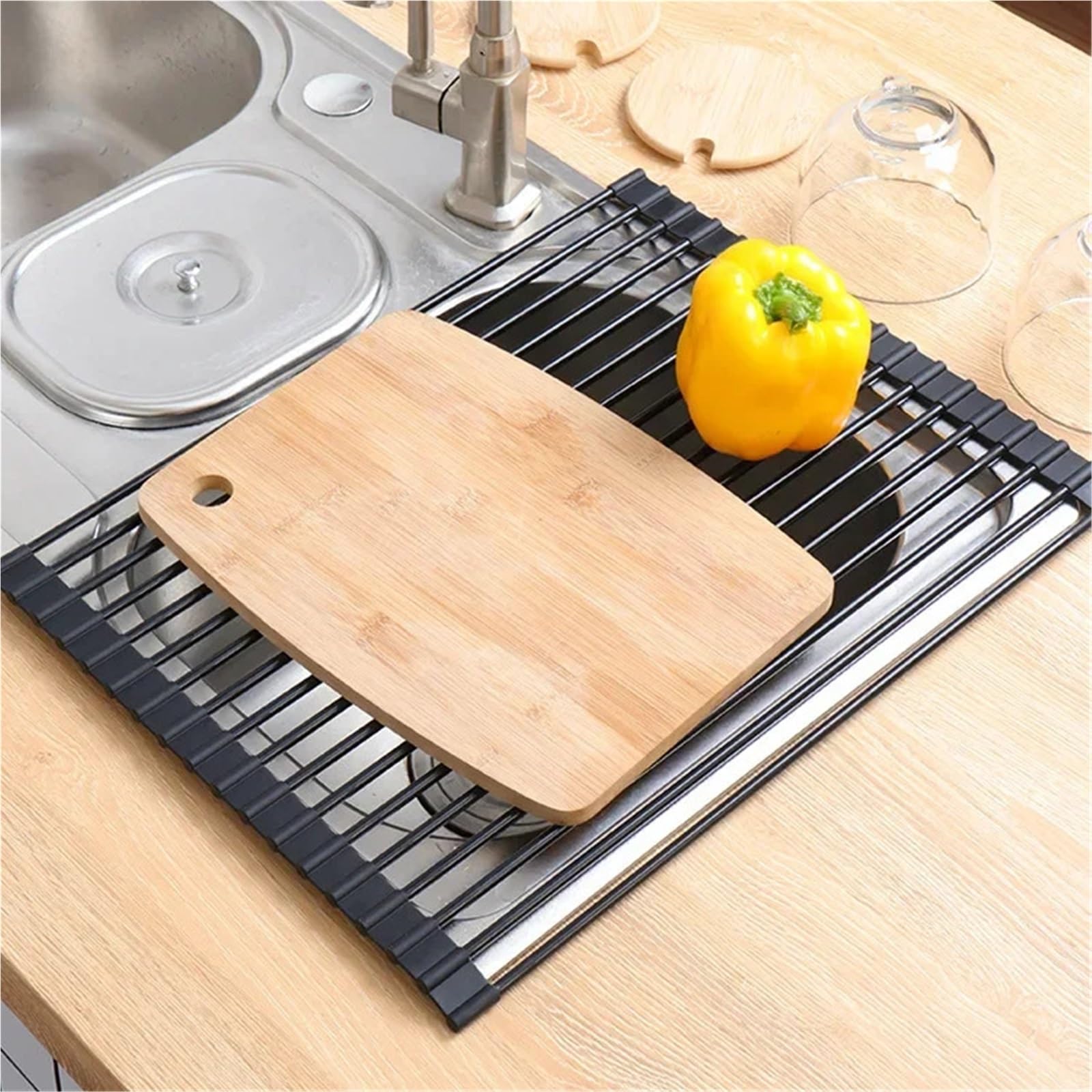 Escurridor de Platos Rejilla de Almacenamiento for Cocina, Rejilla for Filtro Silicona, Drenaje Plegable, Fregadero con persiana Enrollable Acero Inoxidable, for Cuencos y Palillos(B1)