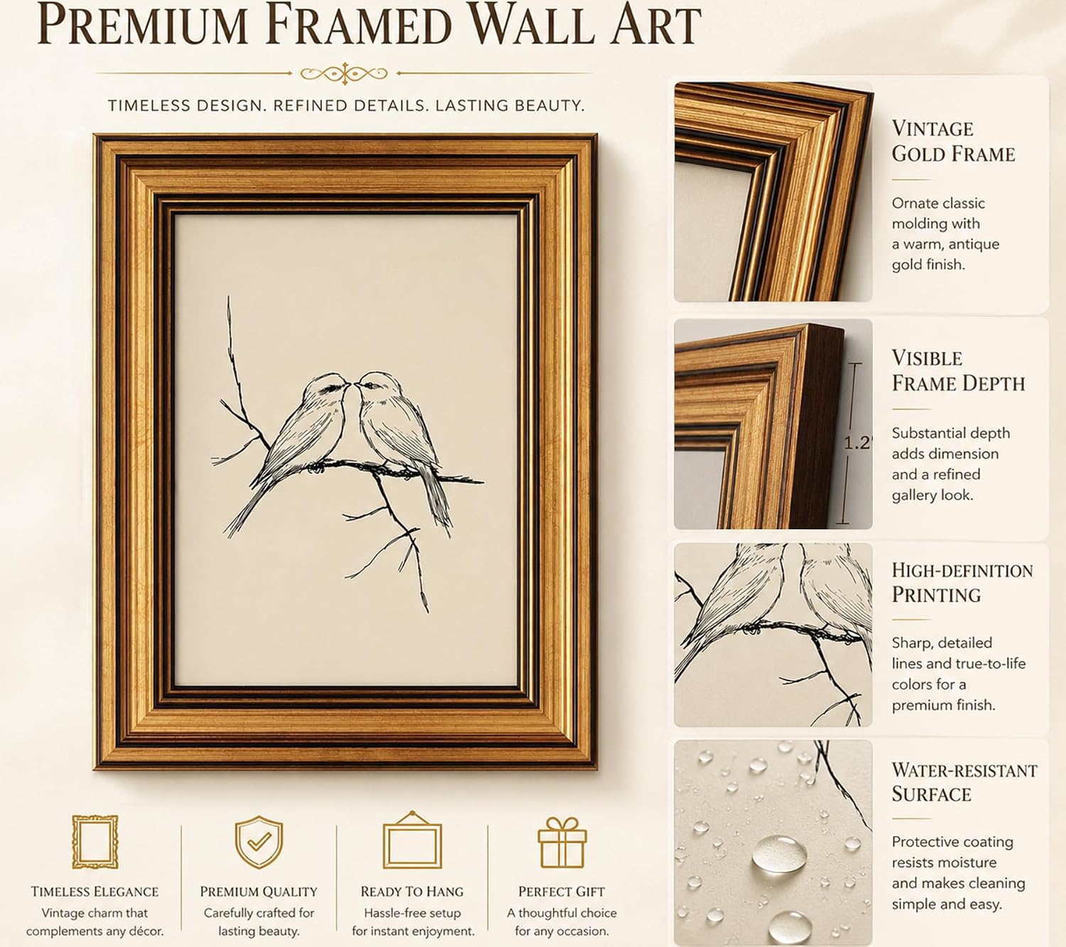 Vintage Gold Framed Canvas Wall Art Neutral Bird Wall Decor Rustic Birds in Love on a Branch Poster Print Sketch Painting Picture Artwork for Bathroom Gallery Home Decoration 9x11in image 3
