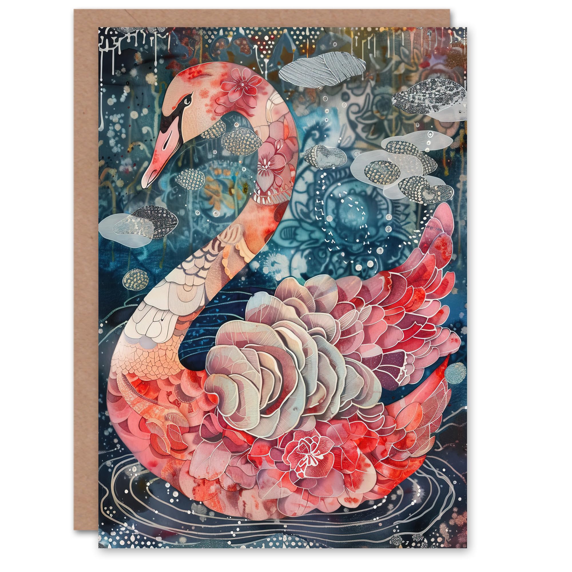 Artery8 Abstract Pink Flower Swan Artwork Enchanted Lake Greeting Birthday Card Him Her All Blank