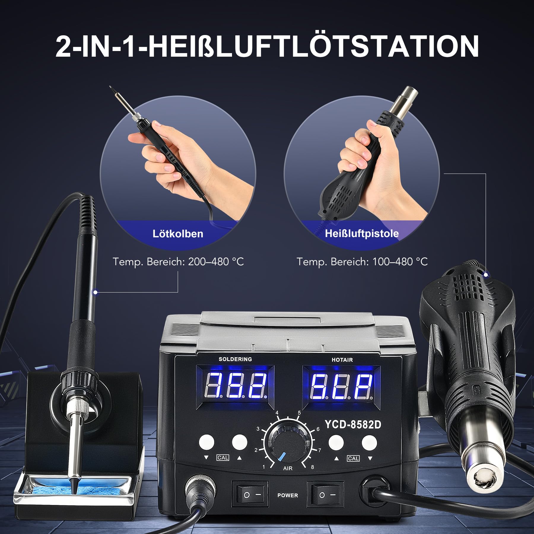 CREWORKS Heißluftlötstation 2IN1 SMD Entlötstation Heißluft Lötstation Entlötstation 750W Heißluftgebläse 75W Lötkolbenleistung Lötkolben mit LED-Anzeige, Schlafmodus, Tempratur Einstellbar