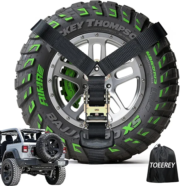 TOEEREY Y Strap for Spare Tire, Heavy Duty Wheel Chock Tie Down Kit for UTV, 3 Ratchet 1.6" Secure up to 40" Tire for ATV, Roof Rack & Pickup Truck Bed, Black