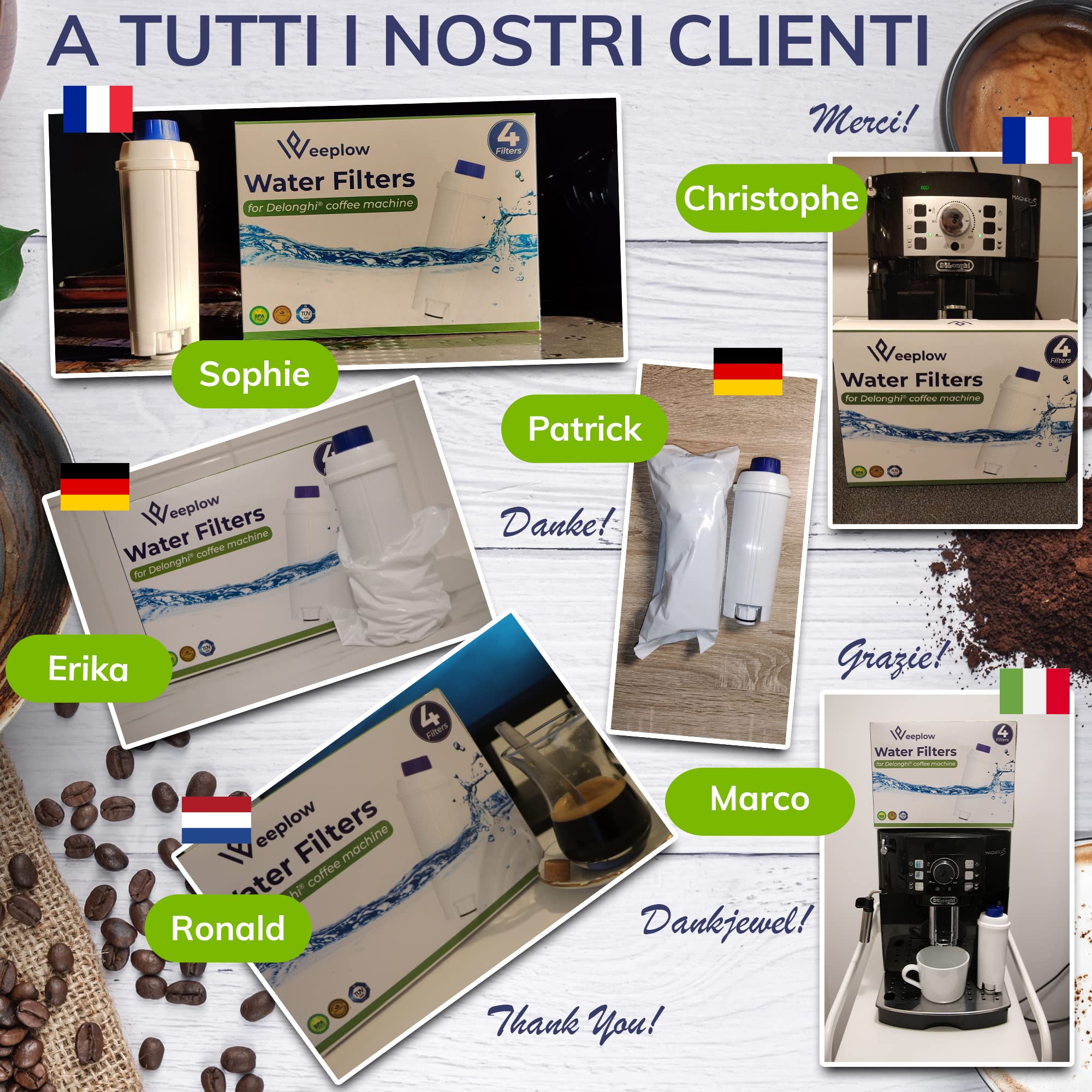 Weeplow – 4 filtri acqua compatibili con DLSC002 per macchine da caffè Delonghi, incluse Magnifica, Dinamica, Autentica, PrimaDonna e molti modelli delle serie ECAM, ESAM, ETAM, BCO ed EC (4)