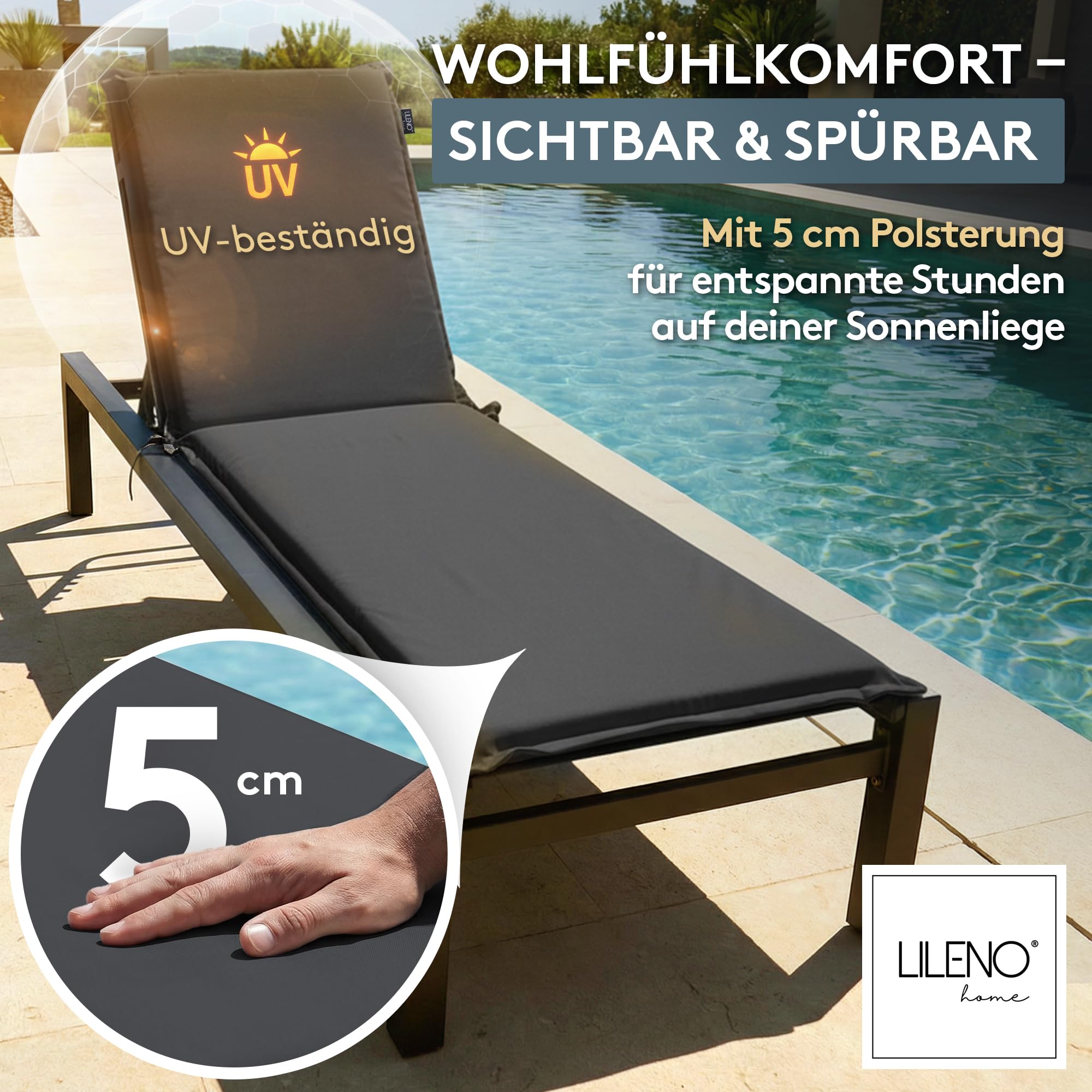 LILENO HOME Anthrazit Gartenliegen Auflage als 2er Set - Rollliege (188x60x5cm) MIA