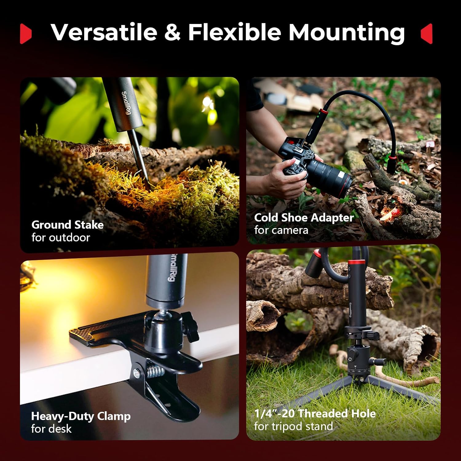 Four images demonstrating different mounting options for the SmallRig RM 03 light: ground stake, cold shoe adapter, heavy-duty clamp, and tripod mount