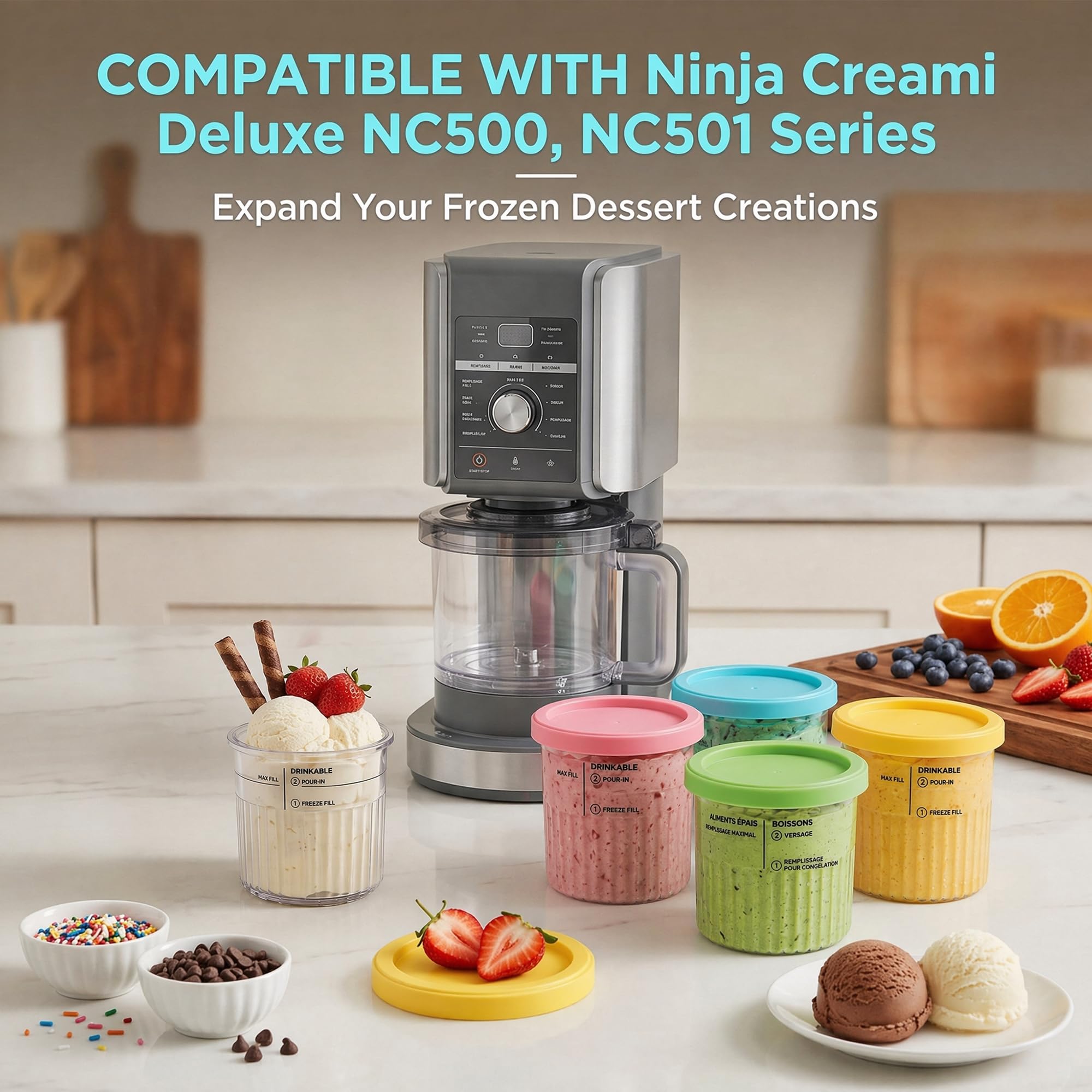 Set di 4 contenitori per ninja CREAMi Deluxe, 24oz Ice Cream Pints con coperchi colorati, inclusi 4 mini cucchiai e porzionatori per gelato in acciaio inox, senza BPA, lavabili in lavastoviglie