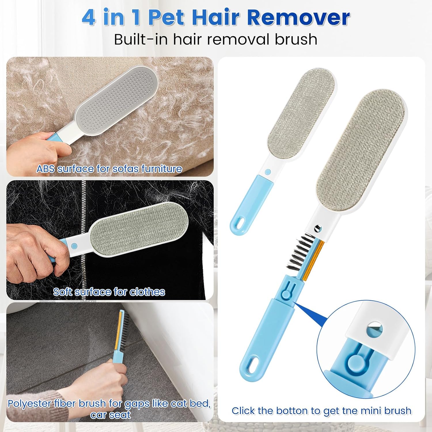 3-Pack Pet Hair Remover Tools, Carpet Rake for Pet Hair Removal, Long Handle Double-Sided Carpet Fur Removal Lint Scraper Brush Dog Cat Hair Remover for Sofa, Couch, Rug, Stairs, Clothes, Blue