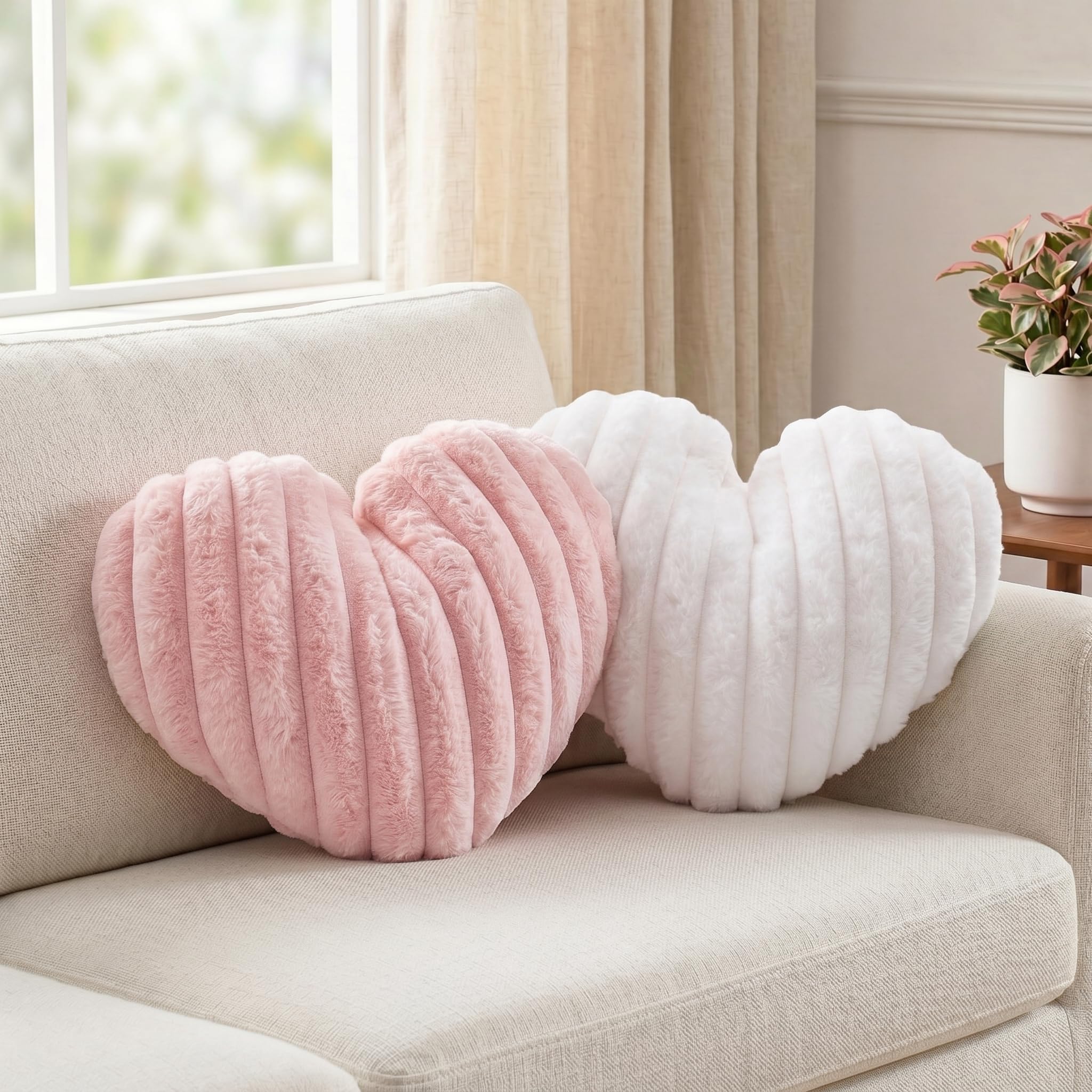 2 Pack Heart Pillow Pink White Cushions Soft Plush Decorative Throw Pillows