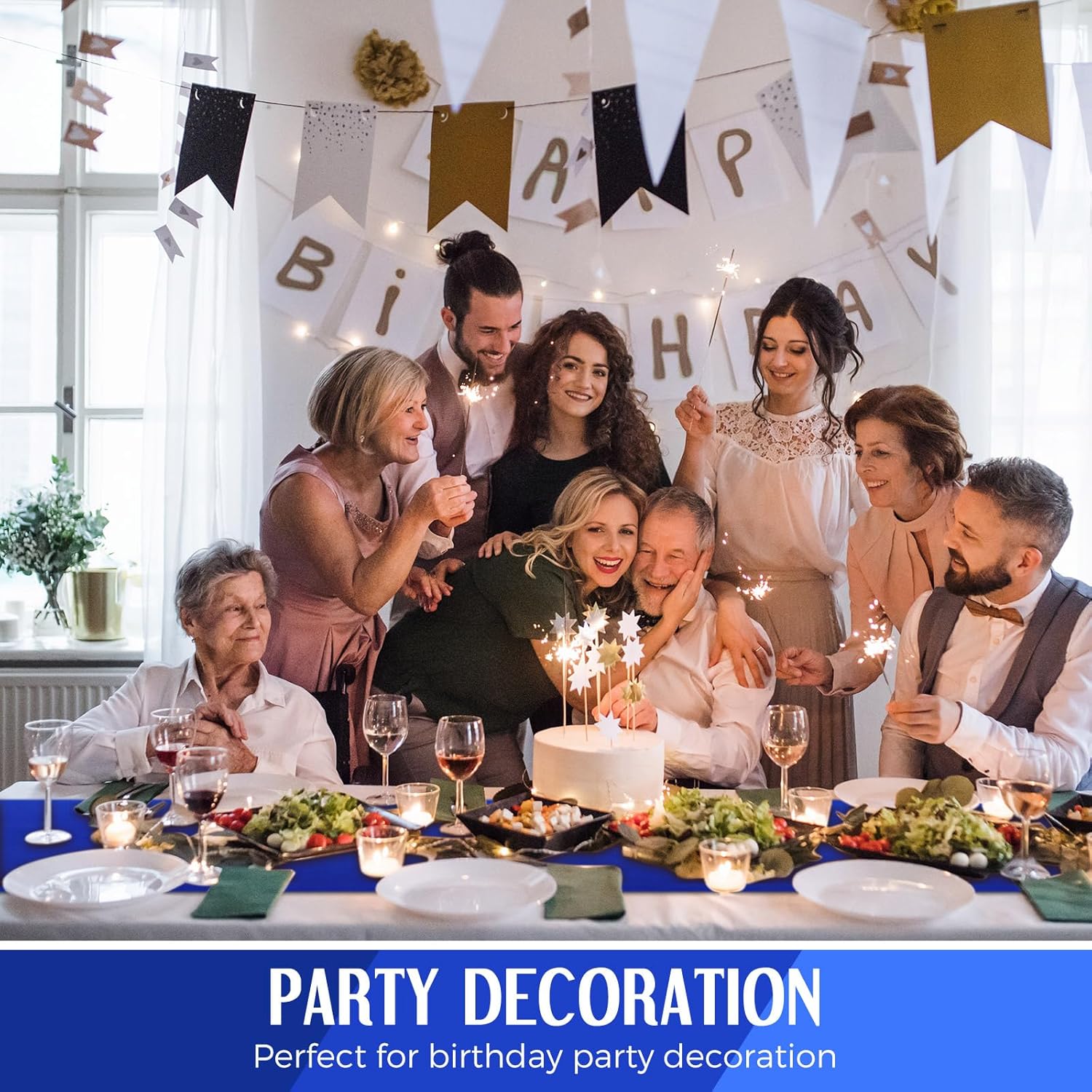 Tudomro 16 Pcs Black and Royal Blue Disposable Plastic Tablecloths and Satin Table Runner Set 54 x 108 Inch Tablecloth 12 x 108 Inch Table Runners for Wedding Baby Shower Birthday Party