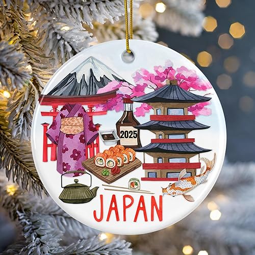 Miniatura 2 de 2024 Handmade Japan Landmarks Ceramic Christmas Ornament, Ideal Travel Holiday Keepsake, with Red Satin Ribbon