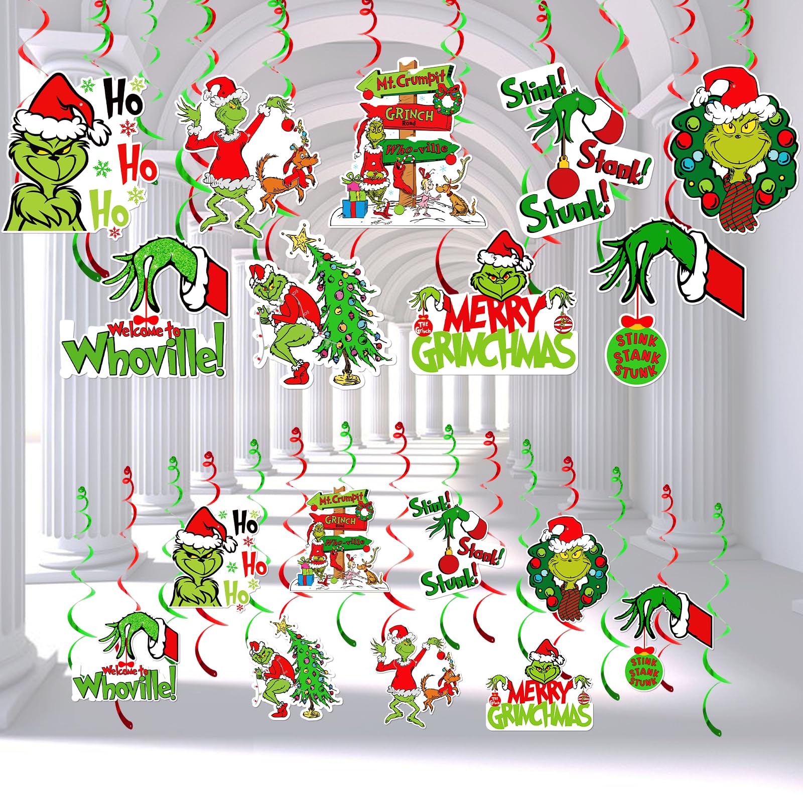 36pcs Green Monster Hanging Swirls Decorations for Christmas Party - Stink Streamers Ceiling Christmas Decorations for Birthday and Outdoor Events