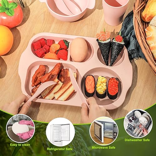 Miniatura 4 de Juego de 24 cubiertos de paja de trigo para niños pequeños, incluye platos divididos, aptos para microondas, lavavajillas, vajilla irrompible,