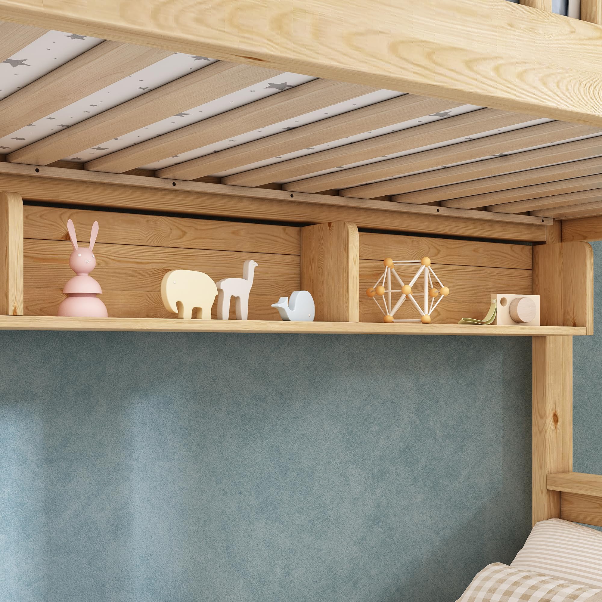 Lit Superposé en Bois pour Enfants 90x200 Et 140x200 Cm avec Rangements Hydrauliques, Escalier-BibliothèQue BarrièRes De SéCurité Et Port USB-C, Lit Familial DéCalé (Naturel, 254x145x206cm)