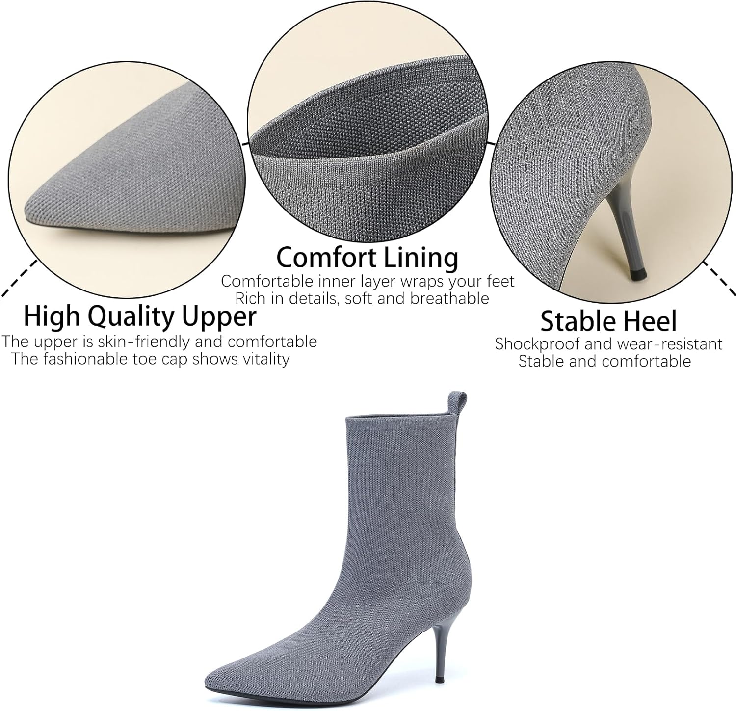 Women's Knit Stiletto Ankle Boots Sexy Pointed Toe Pull On High Heel Lightweight Mid Calf Boots for Work Office Wedding Dressy Sock Booties