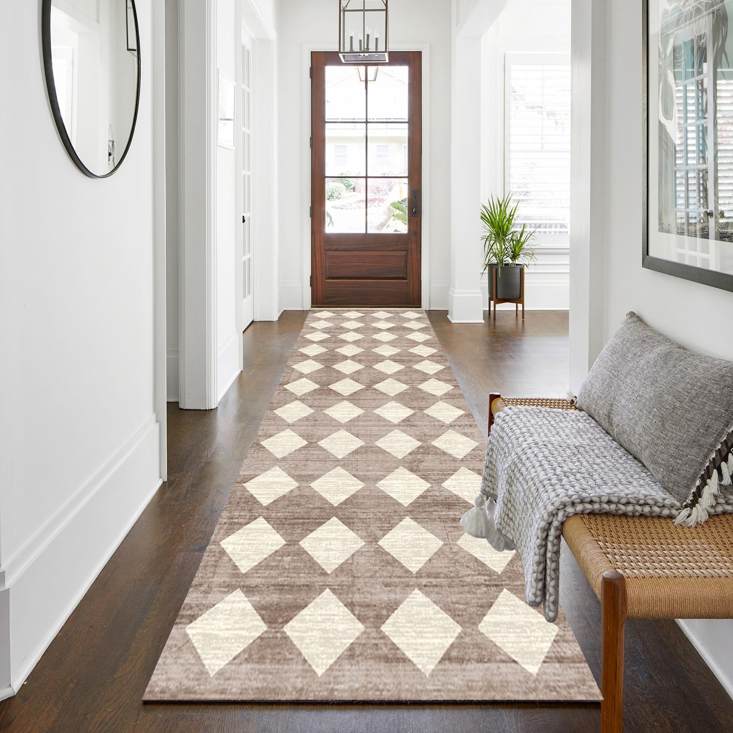 WTHYGB Teppich Läufer 80 x 250 cm, rutschfest Waschbar Teppichläufer, Küchenläufer Geometrie Design für Eingang, Küche, Wohnzimmer & Büro, Rot und Weiß