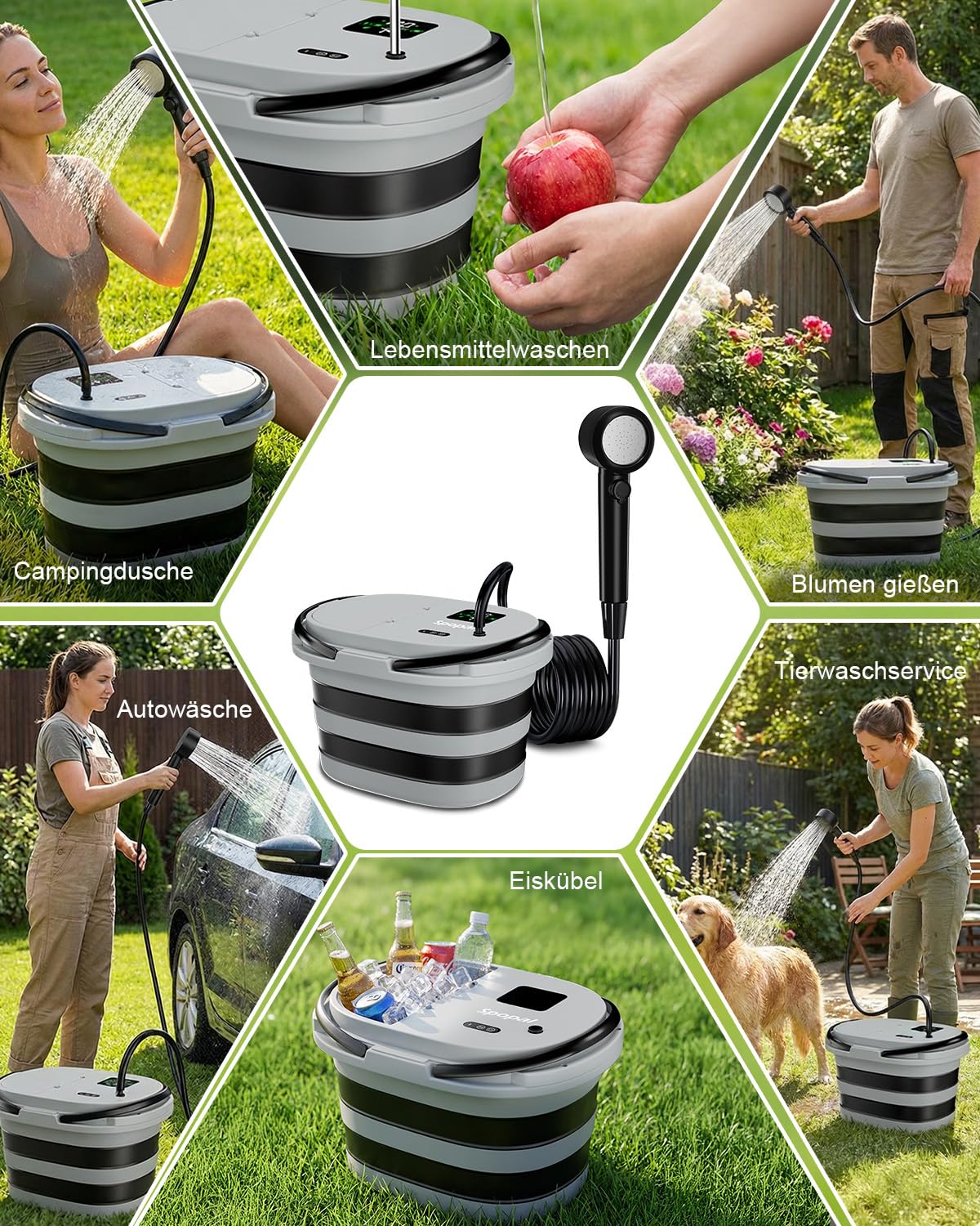 Spopal Campingdusche 20-Liter-Wassereimer 13000-mAh-Akku LED-Anzeige 5-stufige Wasserströmung Tragbarer Akku Dusche