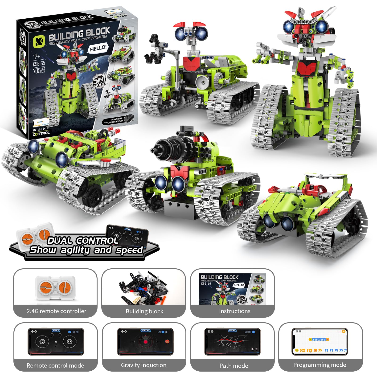 Kit di costruzione robot 5 in 1 per bambini, set di blocchi educativi STEM, robot da costruzione con telecomando e controllo tramite app/corridore tracciato/carro armato/bulldozer, giocattoli da