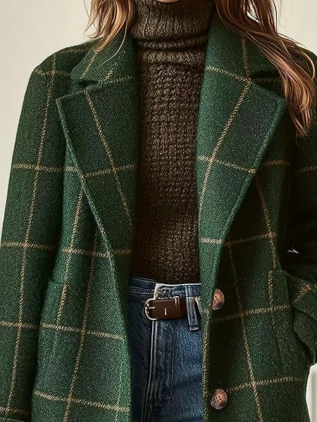 Women's Retro Plaid Lapel Coat, Mid-Length Casual Elegant Outerwear for Autumn Winter - 4