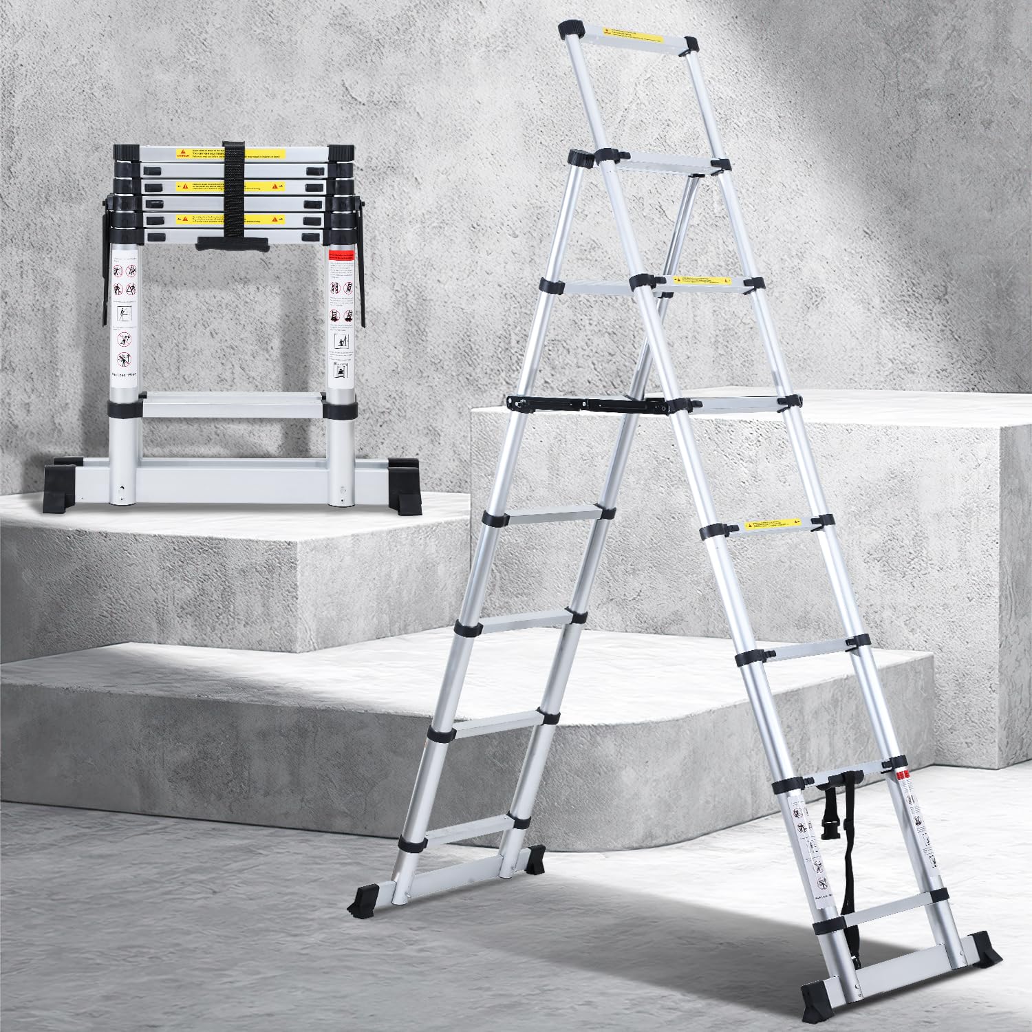 Escalera telescópica de 1,7 m + 2,0 m, de aluminio, antideslizante, extensible, multiusos, escalera plegable marco A, 5 + 6 peldaños, para pintar paredes, reparaciones de tejados, hasta 150 kg