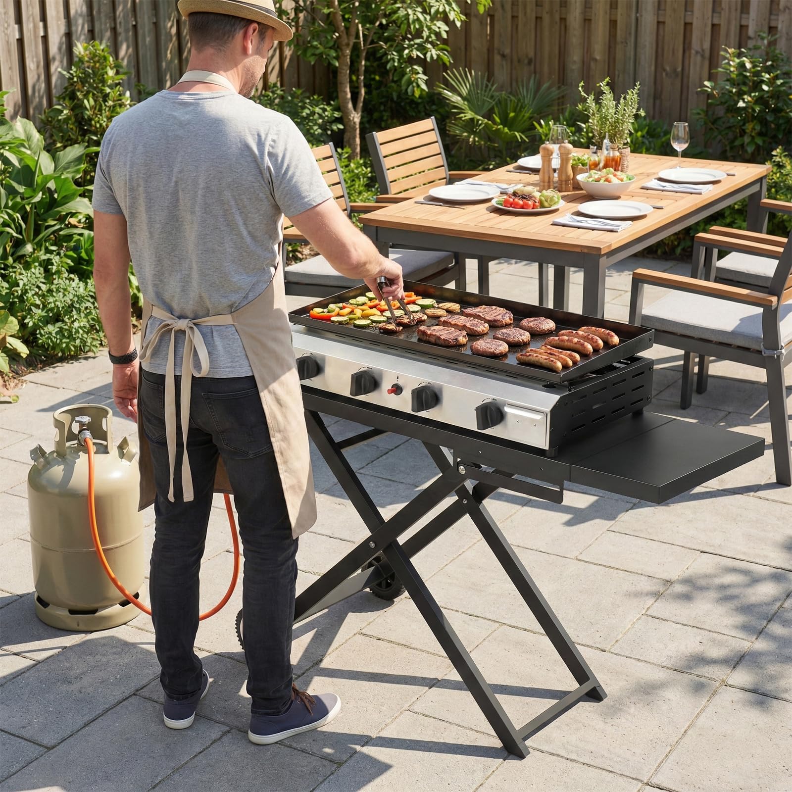 LEADZM Gasgrill Tragbarer 4 Brenner 9.6 kW Grill klappbar, Ausgestattet mit einem Druckminderungsventil - leicht zu verstauen