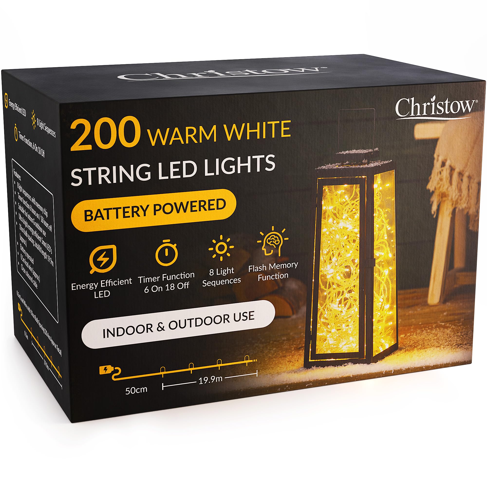 Christow Warm White Christmas Fairy Lights Battery Operated, White Led String Lighting With Timer, Indoor & Outdoor, 8 Light Modes Flashing & Static Glow, Clear Cable (200 Led / 20M Lit Length)