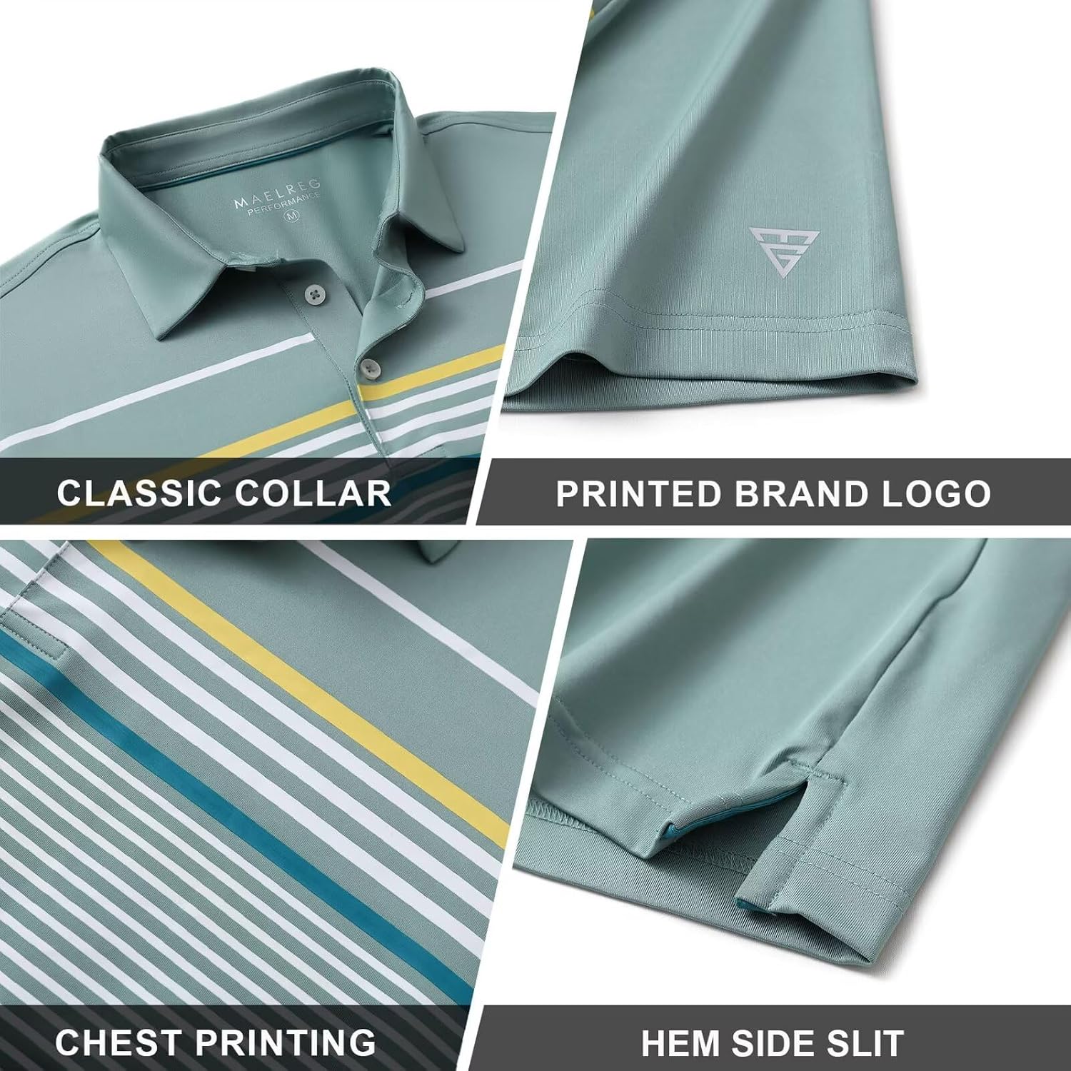 M MAELREG Golf Shirts for Men Short Sleeve Regular Fit Moisture Wicking Performance Casual Striped Print Mens Polo Shirts
