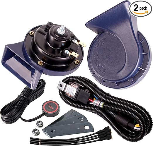 FARBIN Horn 12V Car Horns Loud Dual-Tone Waterproof Auto Horns Electric Snail Horn Kit with Relay Harness and Switch Button,Universal for Any 12V Vehicles (Blue horn with wire harness and button, 12v)