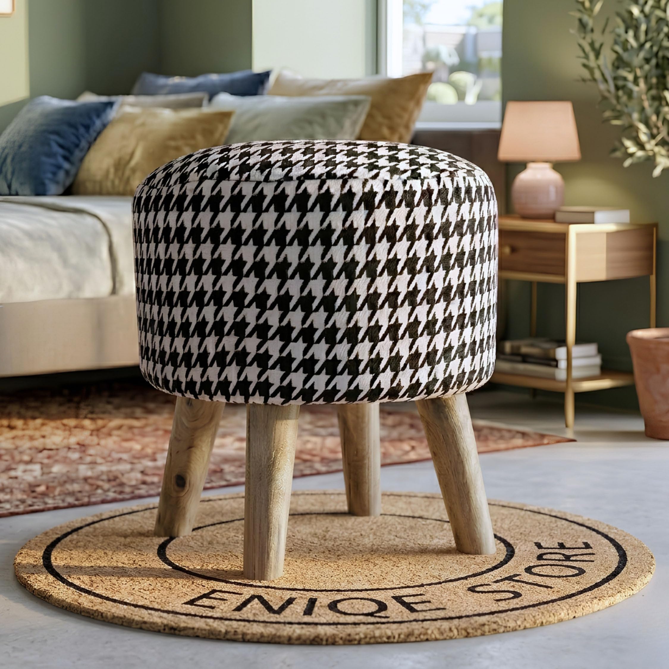Modern Round Ottoman Stool for Living Room | Foot Rest Stool | Puffy Pouffe Seat with | Soft Velvet Fabric Upholstered Ottoman for Bedroom & Dressing Room(Black White)-image-36
