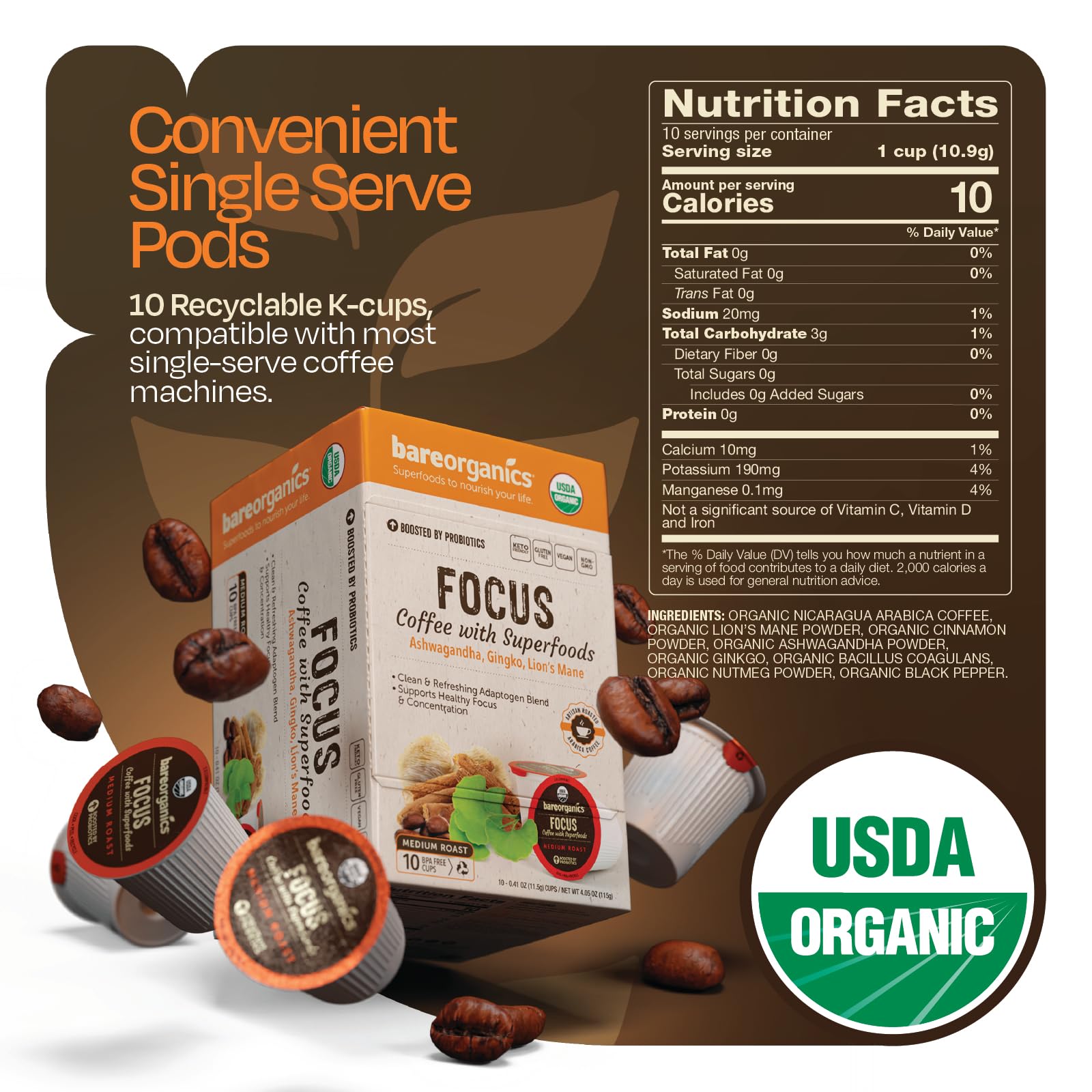 Focus Coffee with Superfoods - Organic Probiotic Mushroom Coffee Pods, Supports Healthy Focus & Digestion, Infused with Ashwagandha, Lion's Mane, and Cinnamon - 10 Recyclable Single Serve K-Cups thumbnail 2