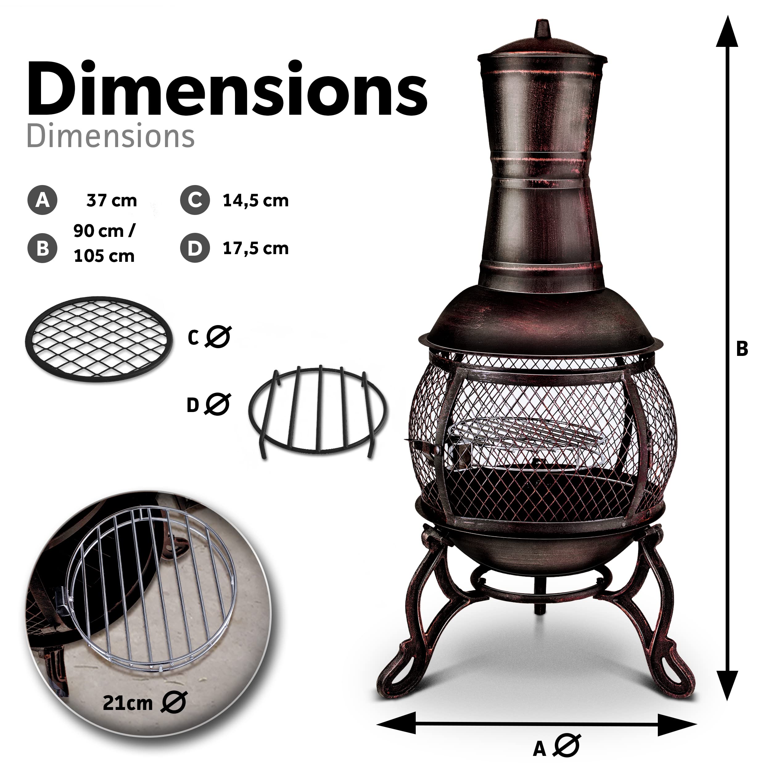 tillvex Cheminée de terrasse extérieure avec Grill | Brasero Mexicain avec Pare-étincelles | Chauffage de Jardin avec Housse | Poêle à Bois | Tisonnier + Grille, BBQ + Accessoires XXL