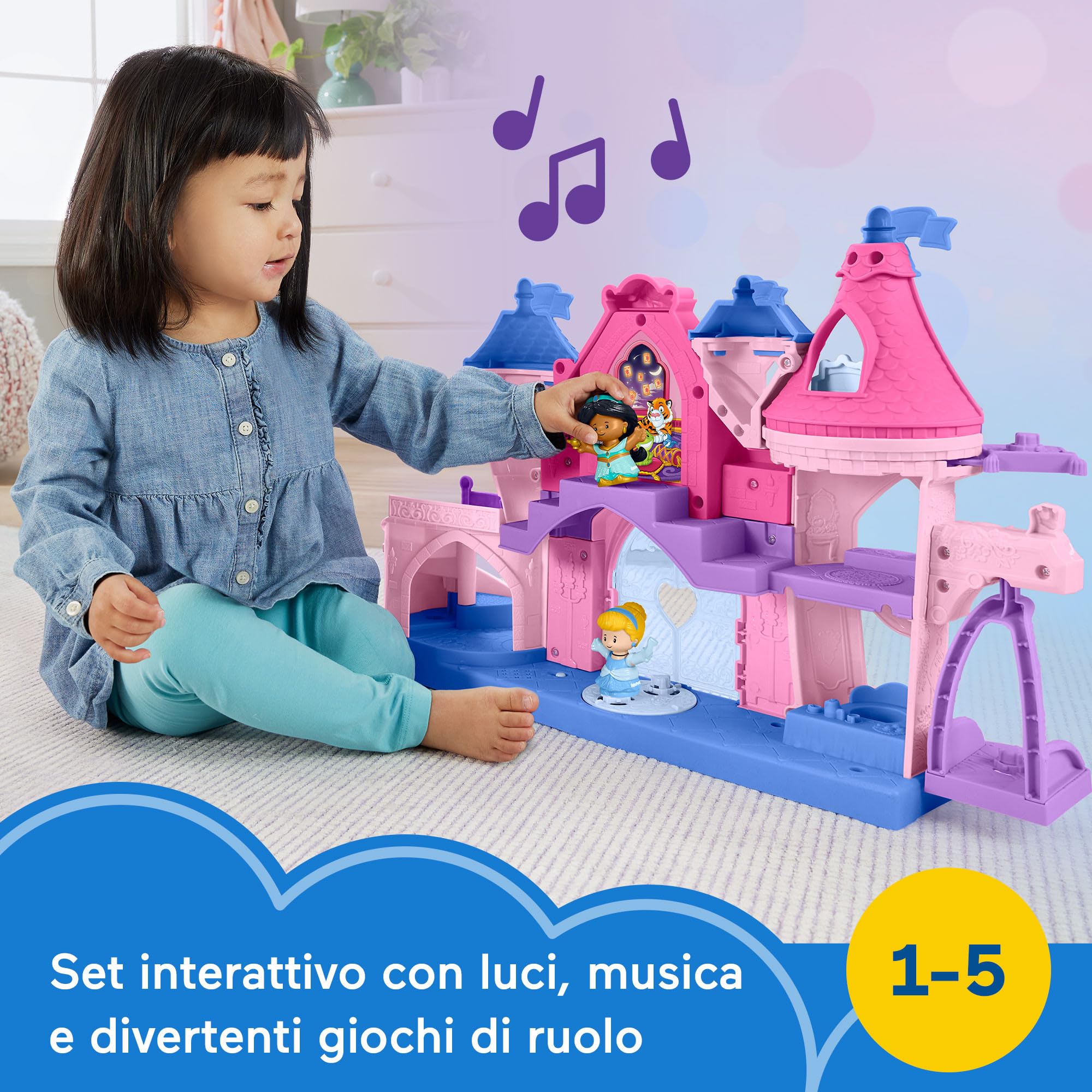 Fisher-Price Little People Disney Princess - Magical Lights & Dancing Castle, PlaySet castello con Luci, Suoni e Personaggi Cenerentola e Jasmine Inclusi, Giocattolo per Bambini, 1-5 Anni, HND55